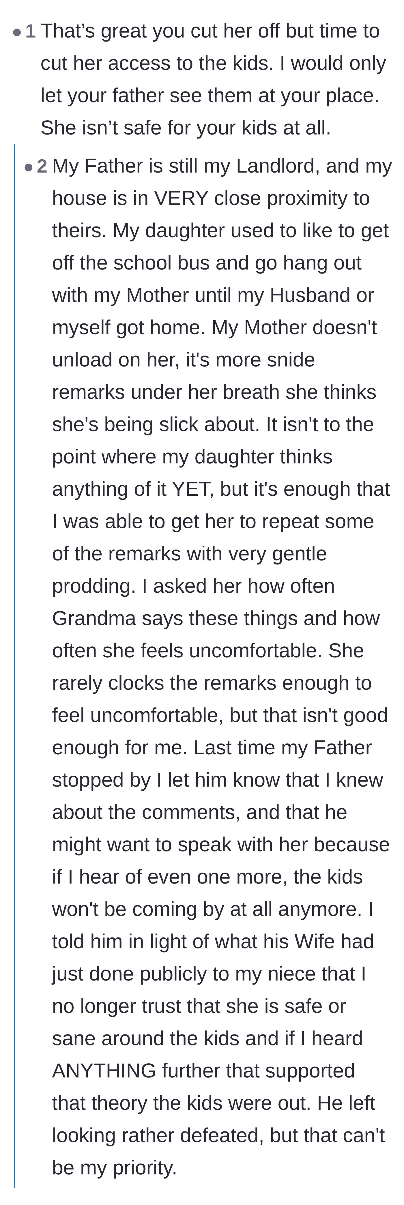 Comment thread 4 - Passionate warnings that waiting for 'one more incident' will normalize emotional abuse for the young daughter.