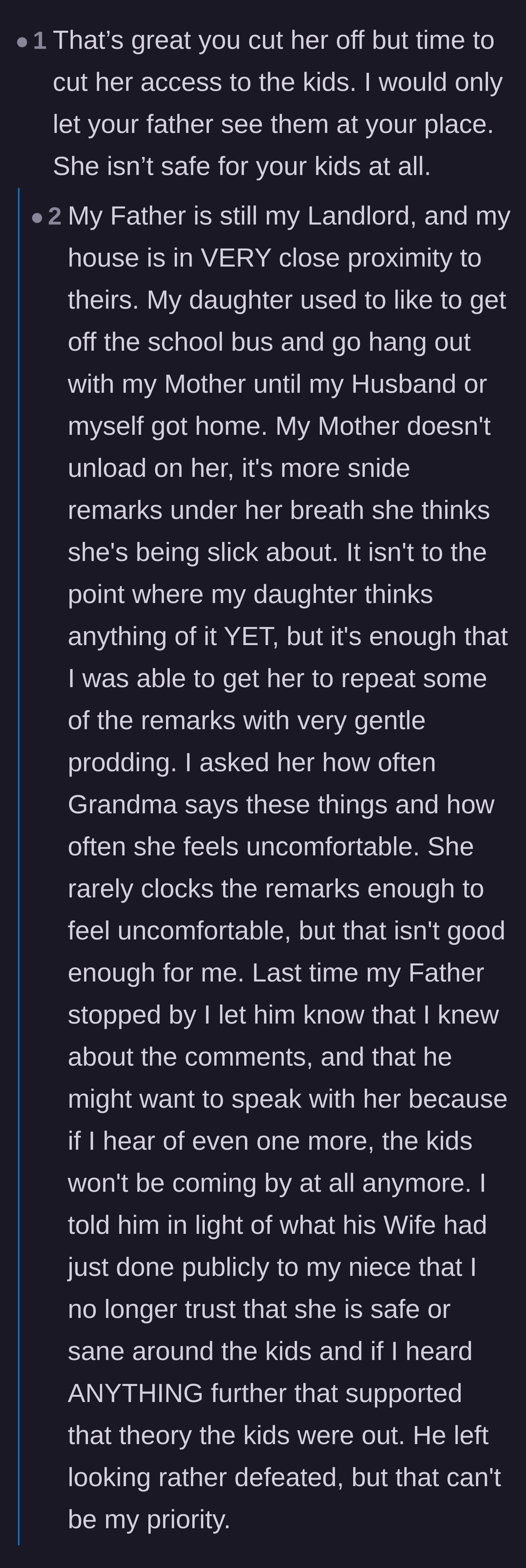 Comment thread 4 - Passionate warnings that waiting for 'one more incident' will normalize emotional abuse for the young daughter.