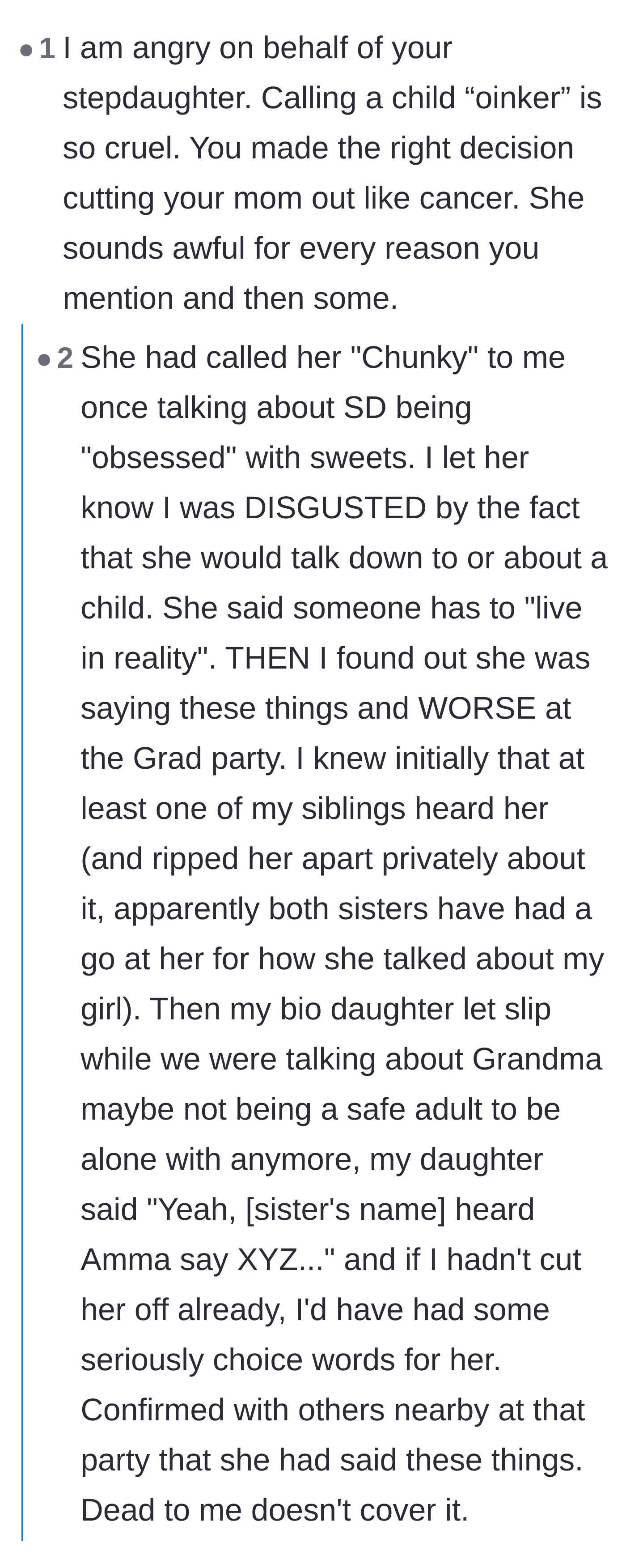 Comment thread 6 - Outrage over the grandmother's vile nicknames for the stepdaughter, paired with criticism of the author for still allowing visits.