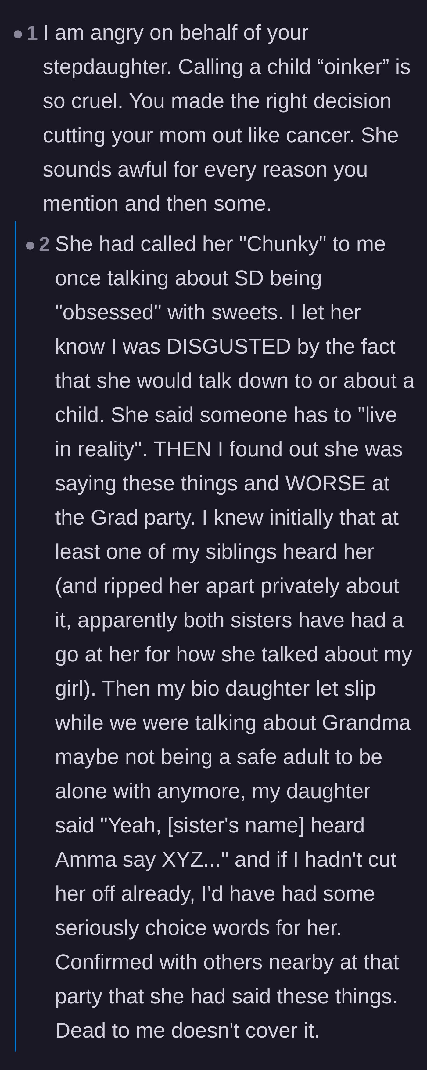 Comment thread 6 - Outrage over the grandmother's vile nicknames for the stepdaughter, paired with criticism of the author for still allowing visits.