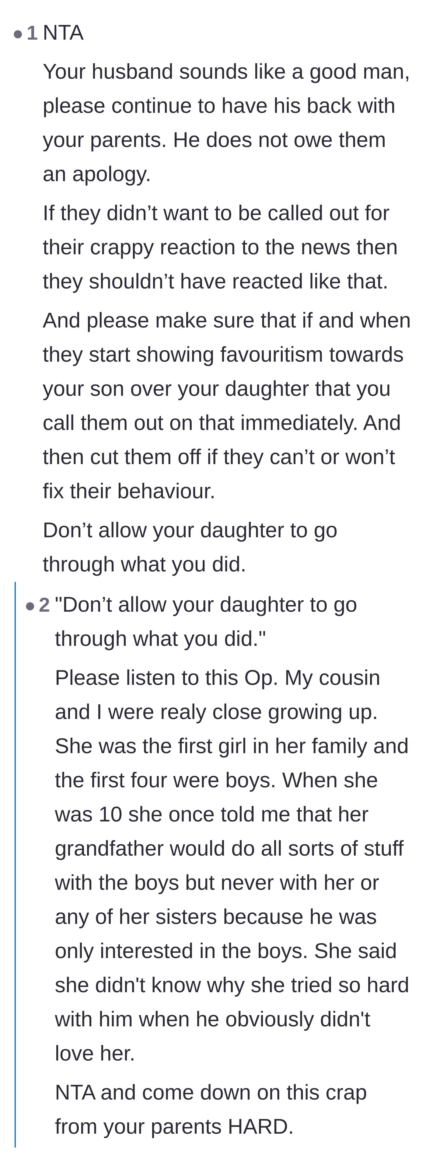 Comment thread 1 - Readers sharing deeply personal stories about breaking generational trauma and protecting their own kids from toxic grandparent favoritism.