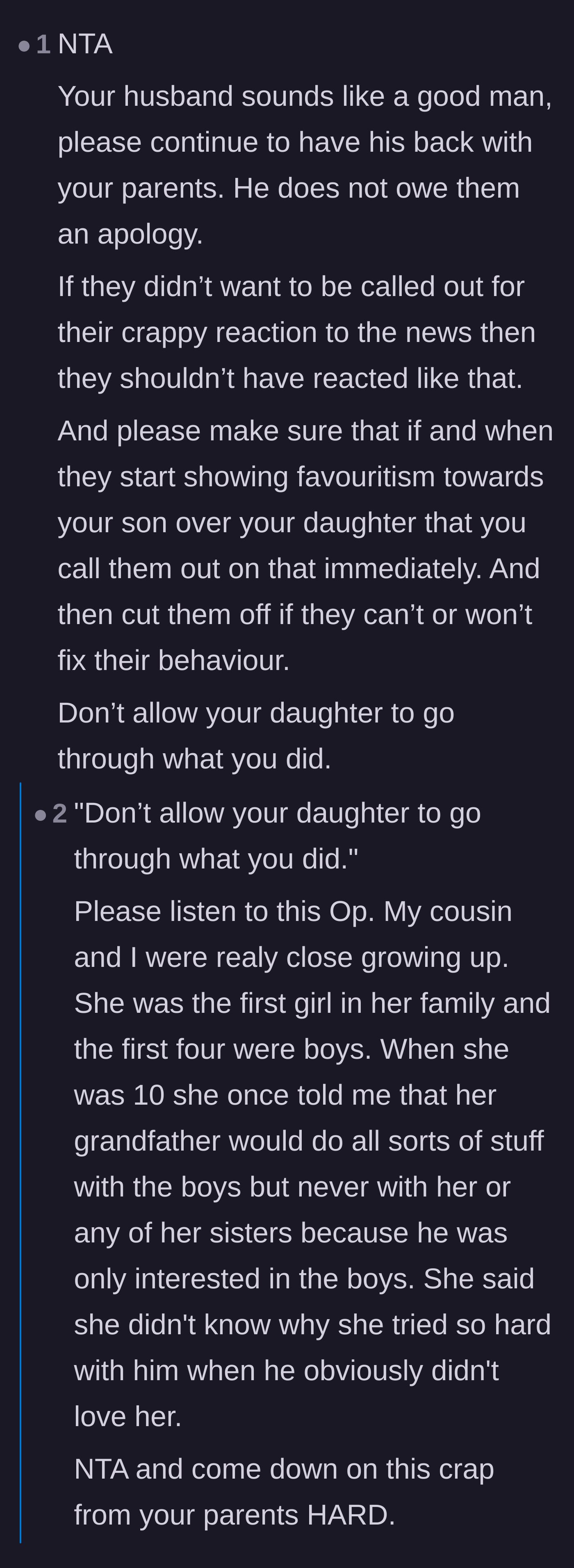 Comment thread 1 - Readers sharing deeply personal stories about breaking generational trauma and protecting their own kids from toxic grandparent favoritism.