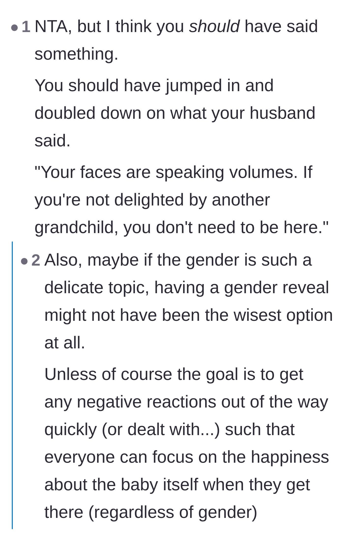 Comment thread 2 - A discussion urging the main character to actively back up her husband's defense, alongside a sweet anecdote about a truly supportive grandfather.