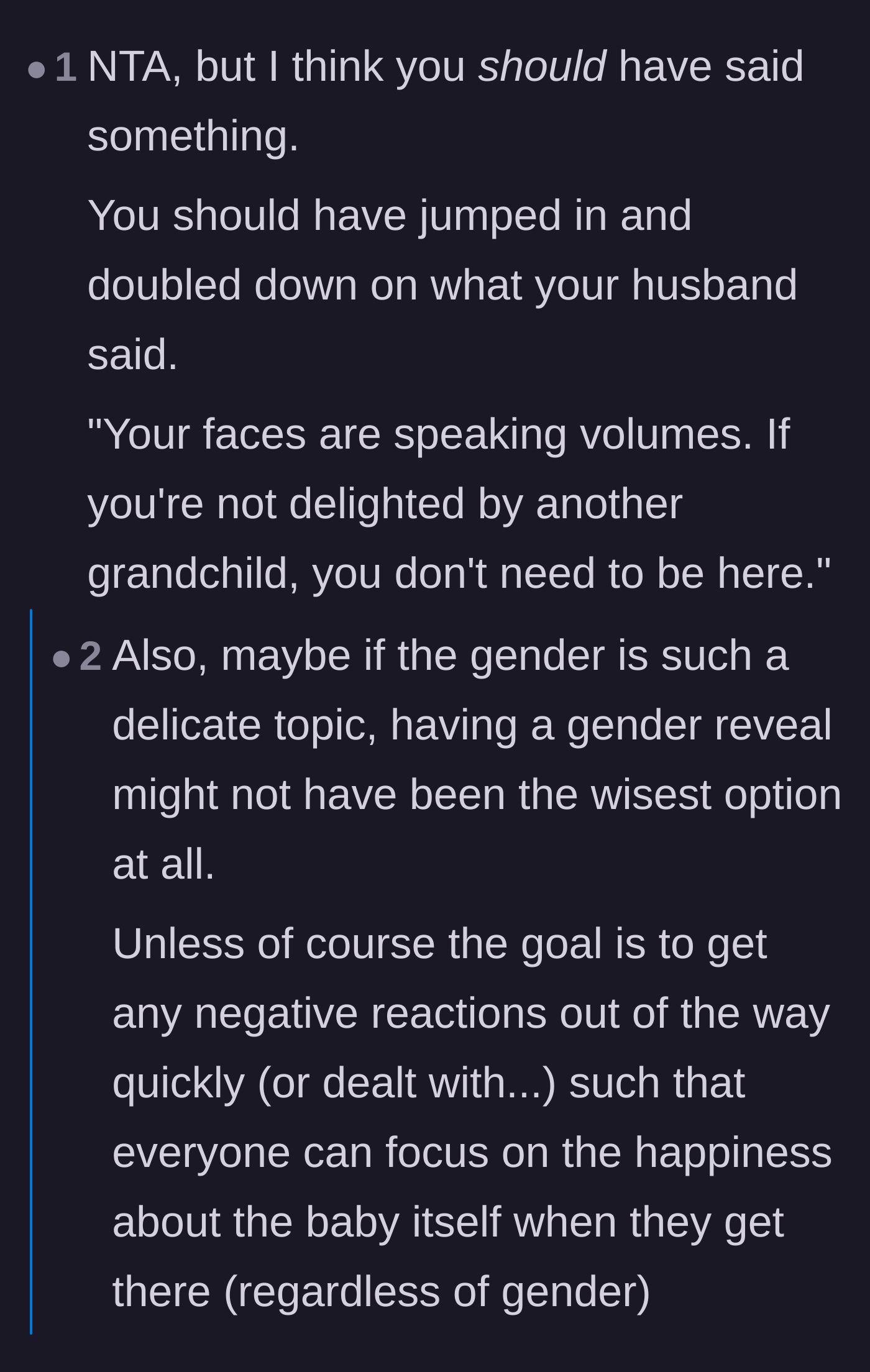 Comment thread 2 - A discussion urging the main character to actively back up her husband's defense, alongside a sweet anecdote about a truly supportive grandfather.