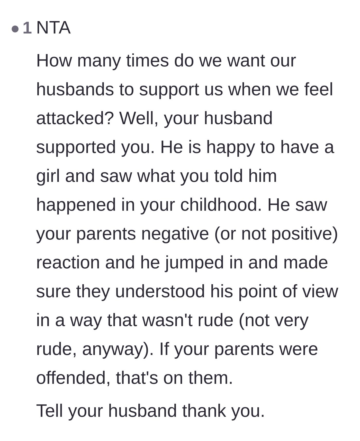 Comment thread 3 - A commenter pointing out that women often beg for supportive partners and reminding the author to be grateful for her husband's protection.