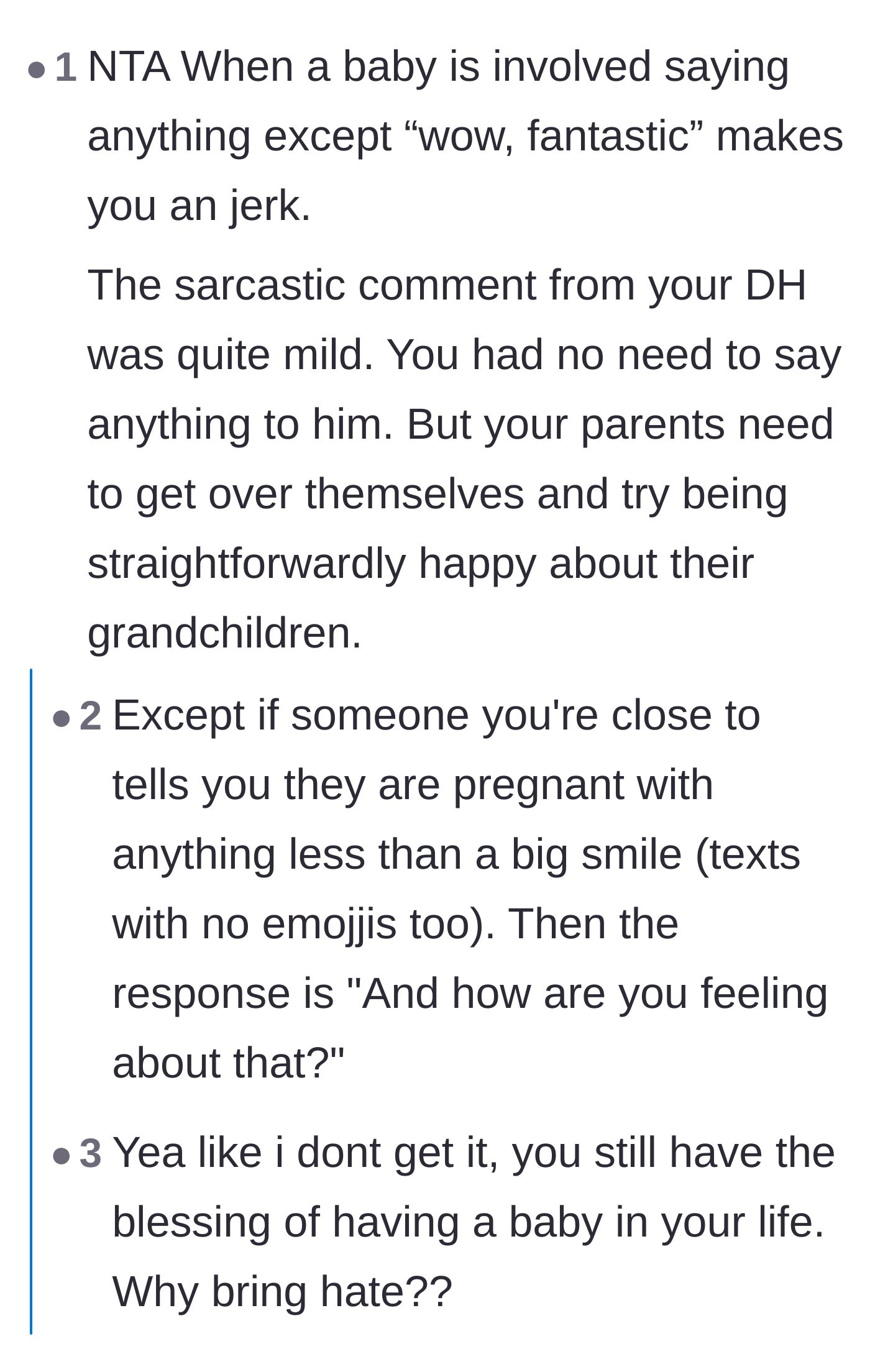 Comment thread 4 - A debate about the basic etiquette of reacting positively to baby news, complete with a hilarious tangent about text message emojis.