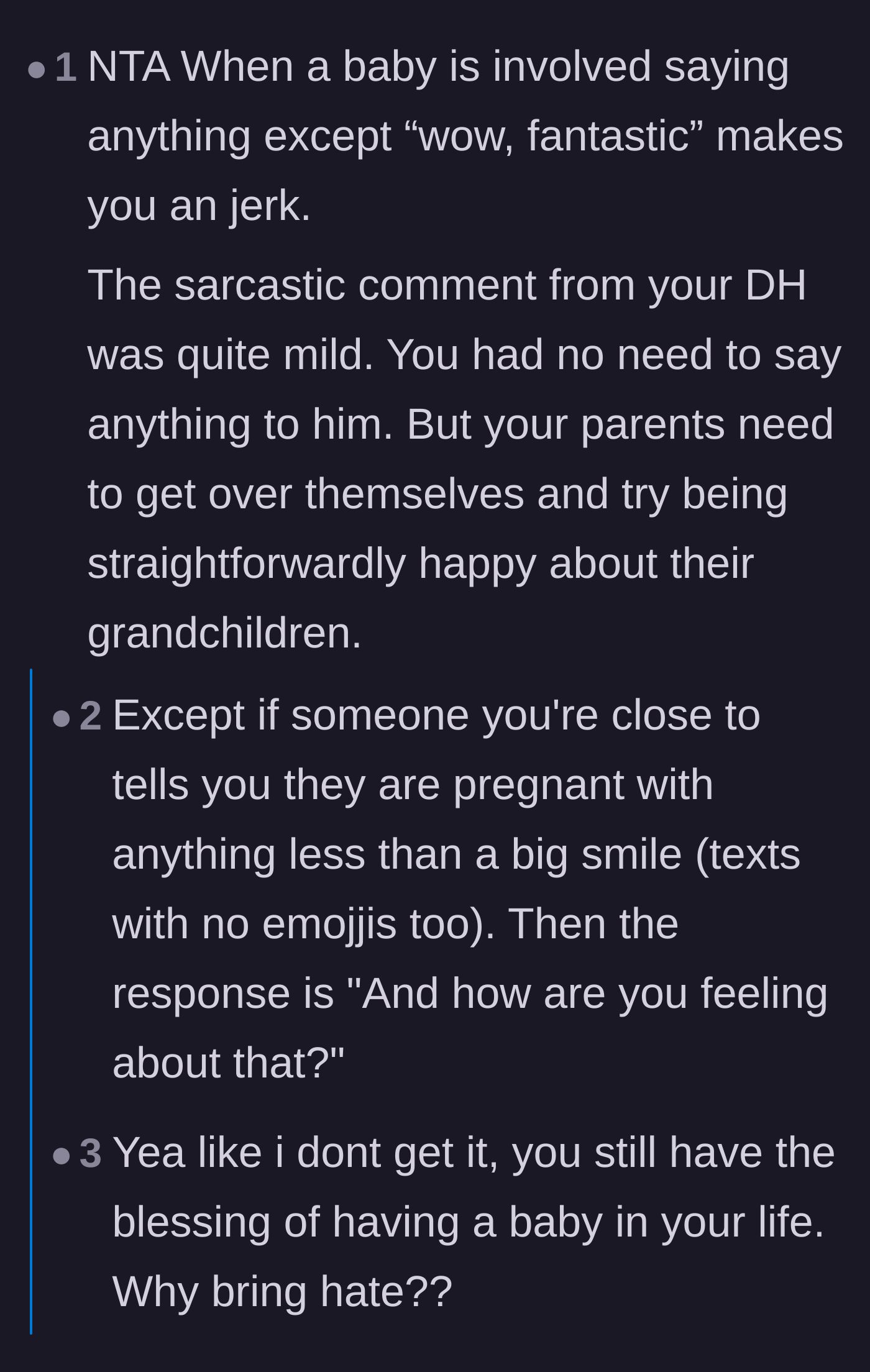 Comment thread 4 - A debate about the basic etiquette of reacting positively to baby news, complete with a hilarious tangent about text message emojis.