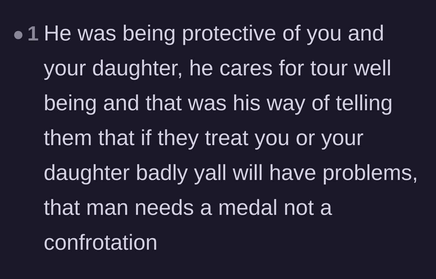 Comment thread 6 - A reader declaring that the fiercely protective husband deserves a medal instead of a confrontation for shielding his girls.