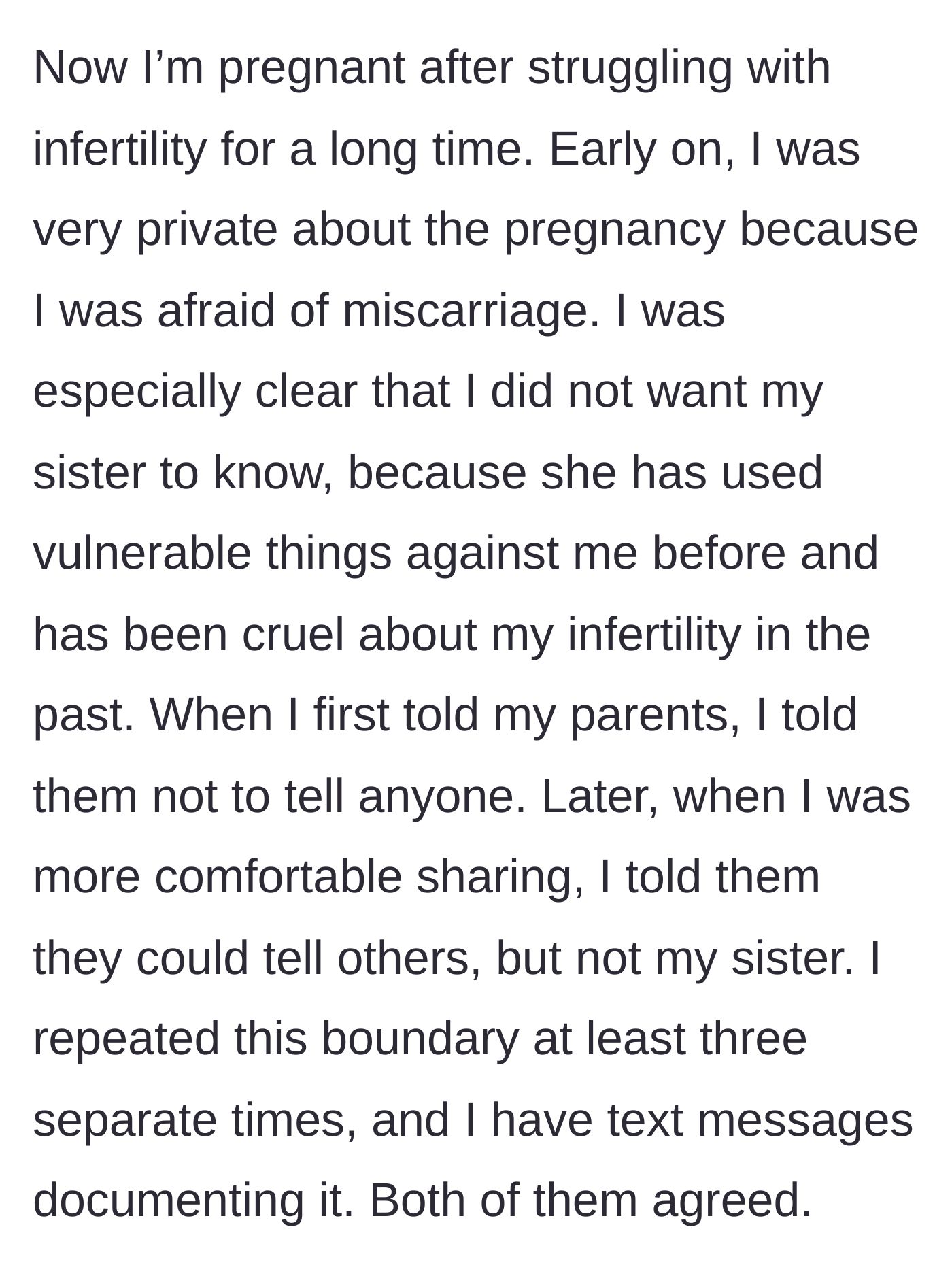 Story part 2 - An expectant mother setting firm privacy boundaries about her miracle pregnancy.