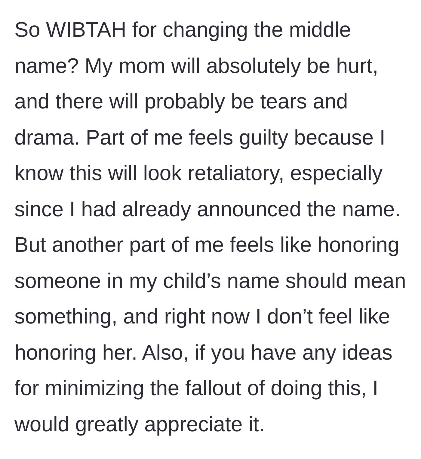 Story part 5 - A woman grappling with guilt over changing her baby's name to avoid honoring a broken relationship.
