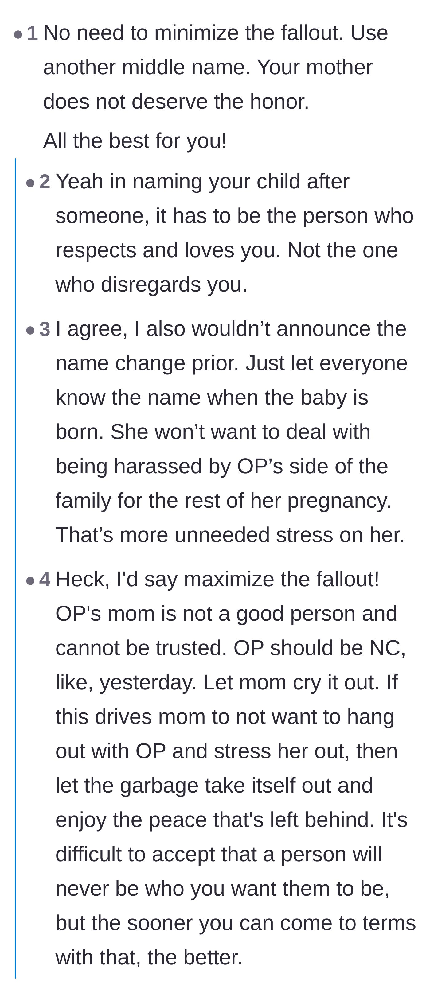 Comment thread 2 - Readers suggesting she change the baby's middle name quietly and only announce it after the birth to avoid unnecessary stress.