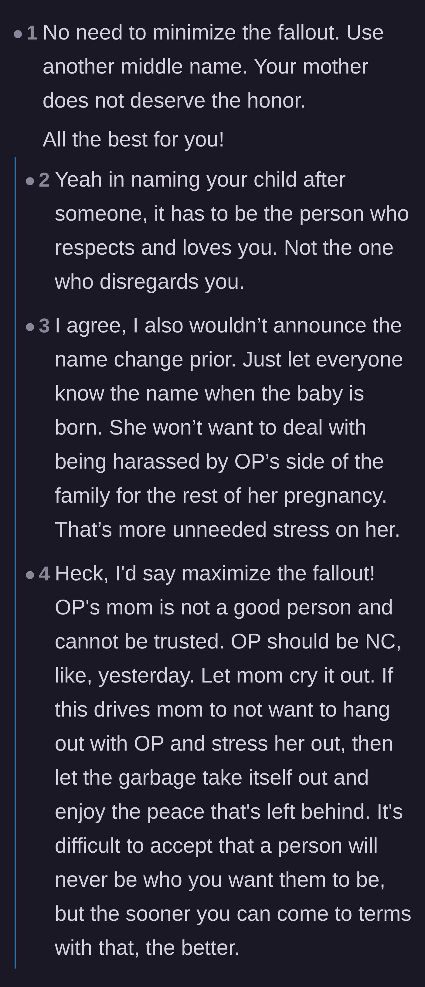 Comment thread 2 - Readers suggesting she change the baby's middle name quietly and only announce it after the birth to avoid unnecessary stress.