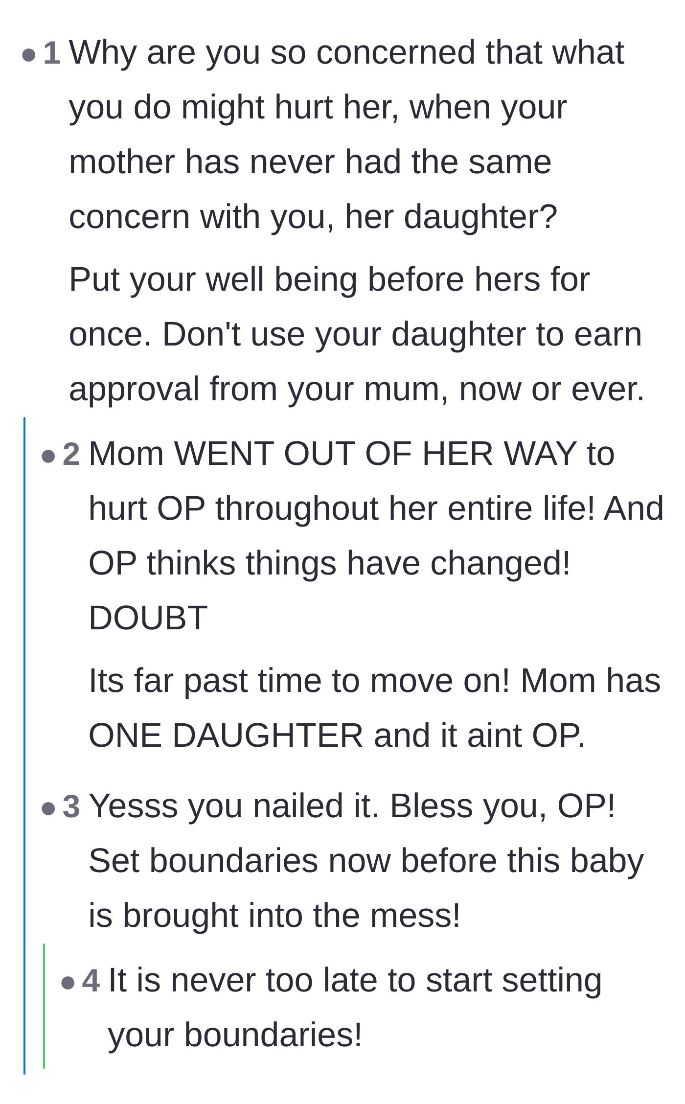 Comment thread 3 - A commenter questioning why the main character is worried about hurting a mother who has consistently disregarded her feelings.
