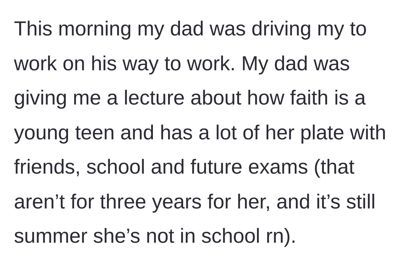 Story part 6 - The father lectures the author in the car, making wild excuses for the younger sister's behavior.