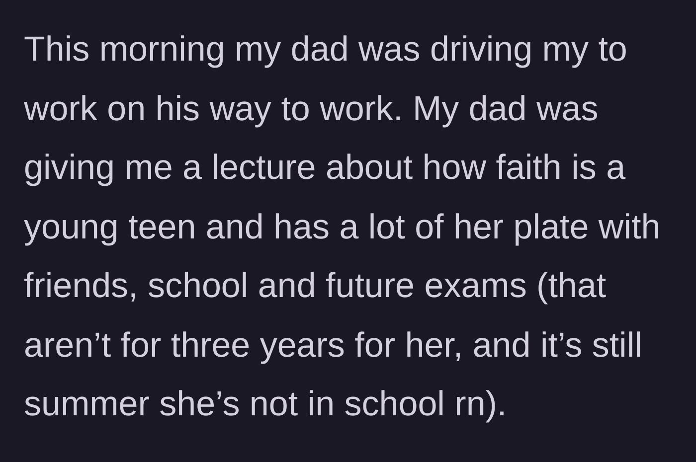 Story part 6 - The father lectures the author in the car, making wild excuses for the younger sister's behavior.
