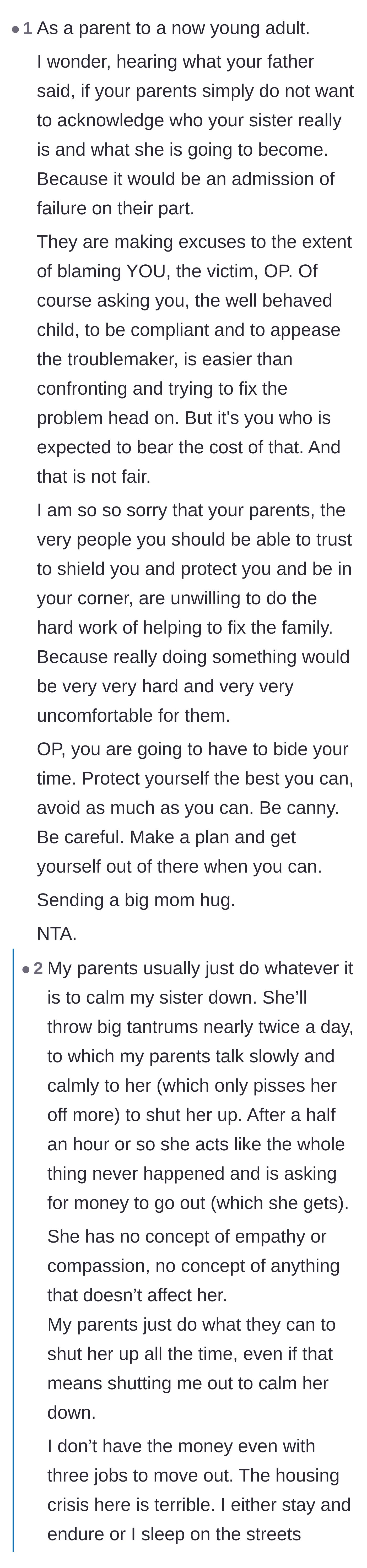 Comment thread 2 - A parent explains how the author's parents are likely in denial to avoid admitting failure, followed by the author confessing she is financially trapped.