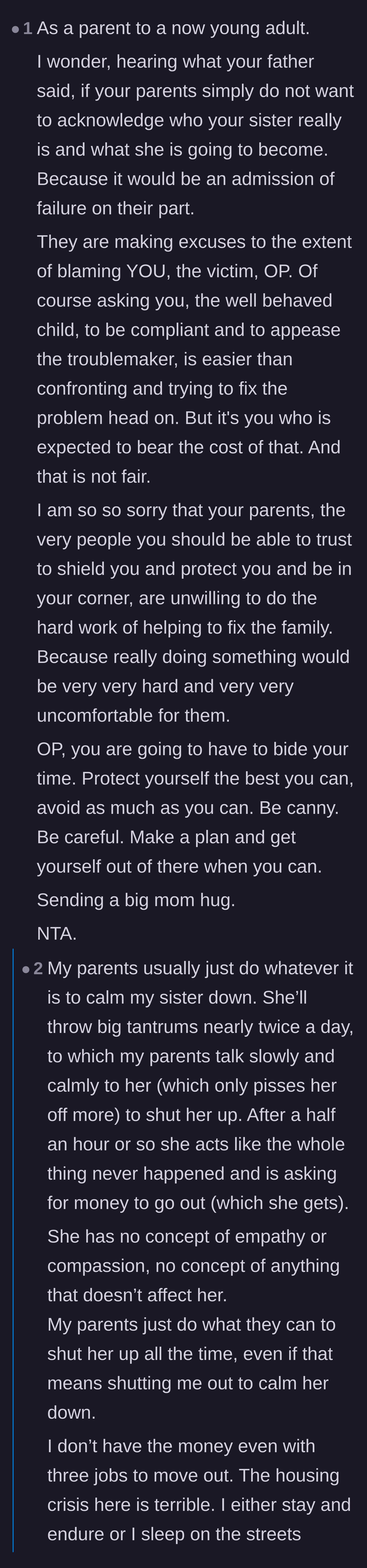 Comment thread 2 - A parent explains how the author's parents are likely in denial to avoid admitting failure, followed by the author confessing she is financially trapped.