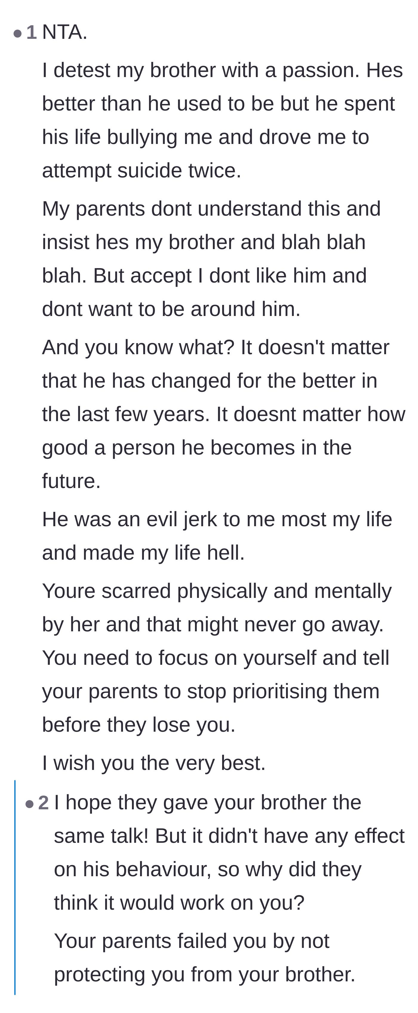 Comment thread 6 - A personal anecdote from a reader who suffered permanent trauma from an abusive brother their parents refused to control.