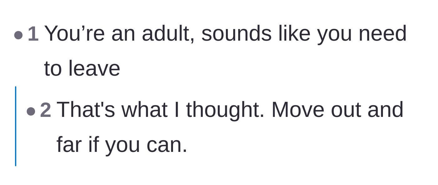 Comment thread 3 - Short, direct advice urging the author to move out now that she is an adult.