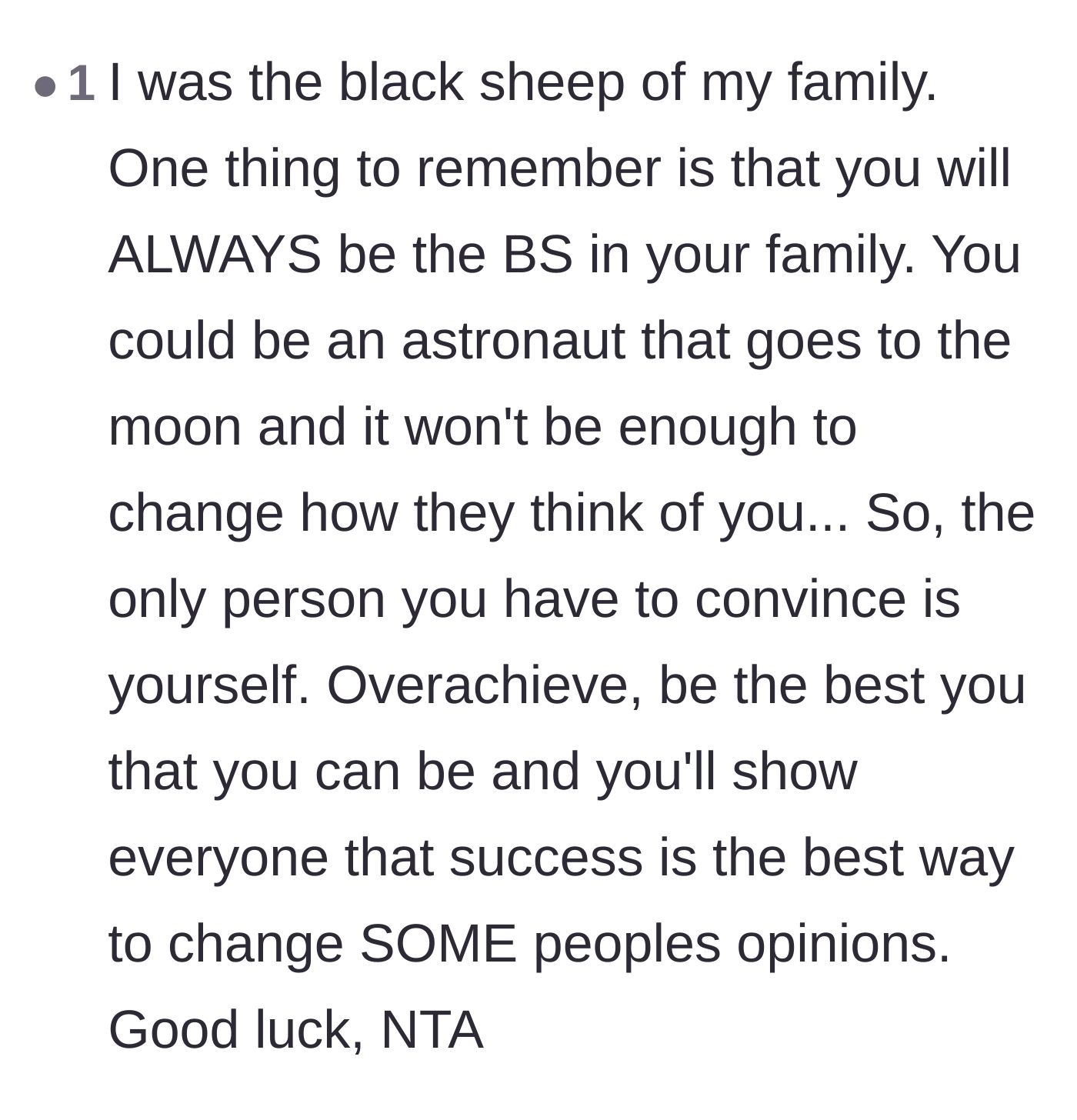 Comment thread 5 - A fellow family black sheep offering solidarity and advising the author to succeed for herself, not for her family's approval.