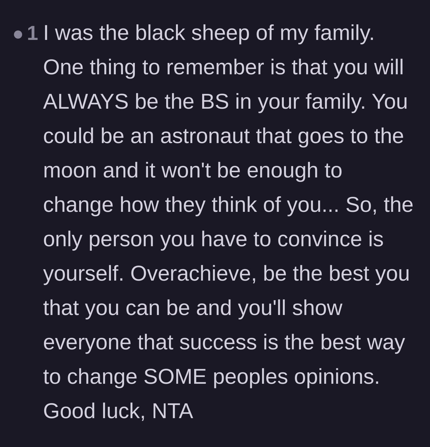 Comment thread 5 - A fellow family black sheep offering solidarity and advising the author to succeed for herself, not for her family's approval.