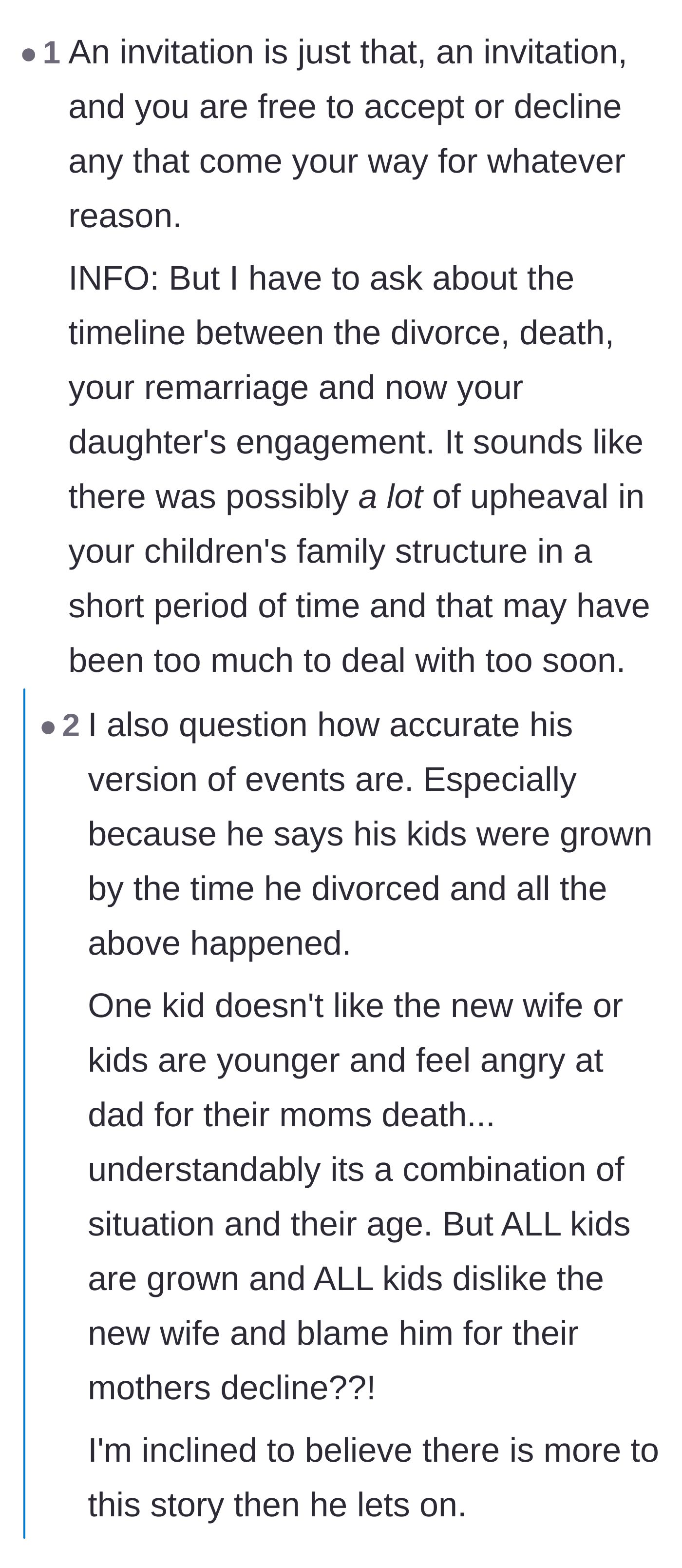 Comment thread 2 - Commenters debate whether the father is an unreliable narrator leaving out crucial details about his past behavior.