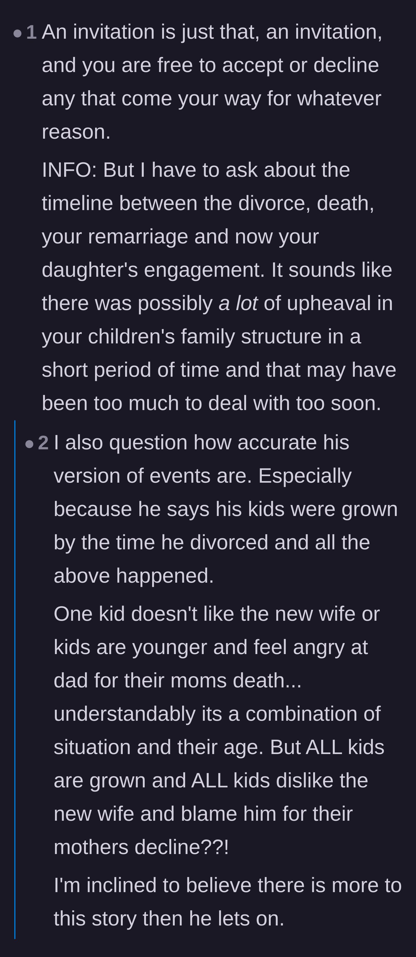 Comment thread 2 - Commenters debate whether the father is an unreliable narrator leaving out crucial details about his past behavior.