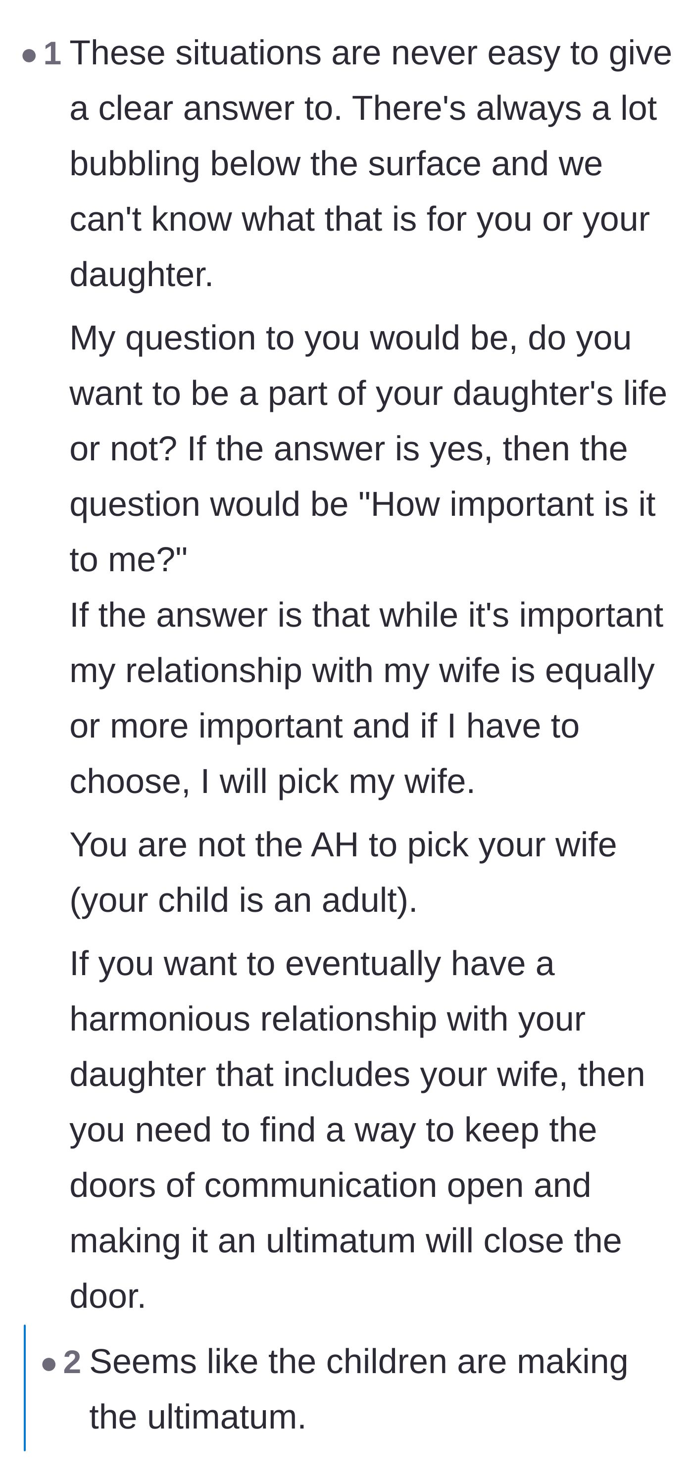 Comment thread 3 - Advice warning the father that forcing an ultimatum might permanently destroy his relationship with his daughter.