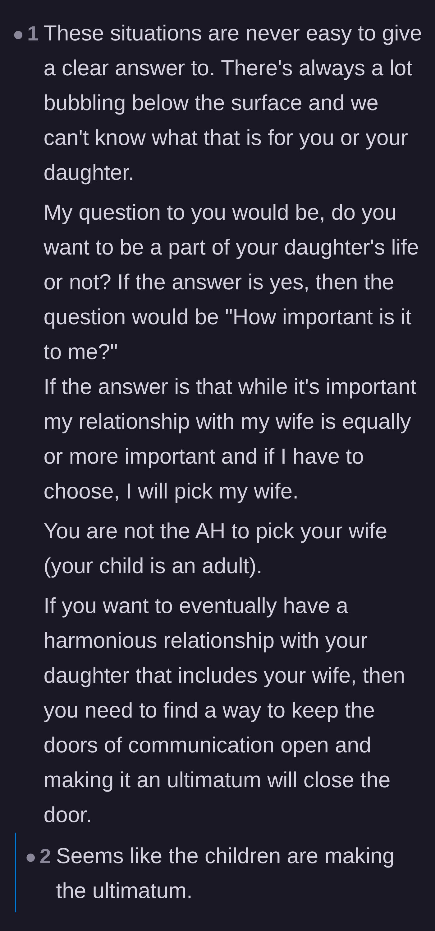 Comment thread 3 - Advice warning the father that forcing an ultimatum might permanently destroy his relationship with his daughter.