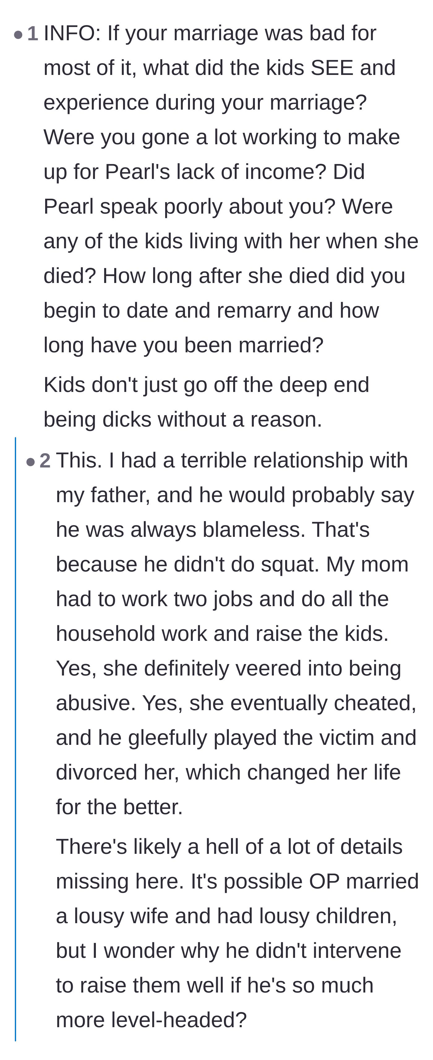 Comment thread 4 - Readers speculate on what trauma the children might have witnessed behind closed doors during the parents' toxic marriage.