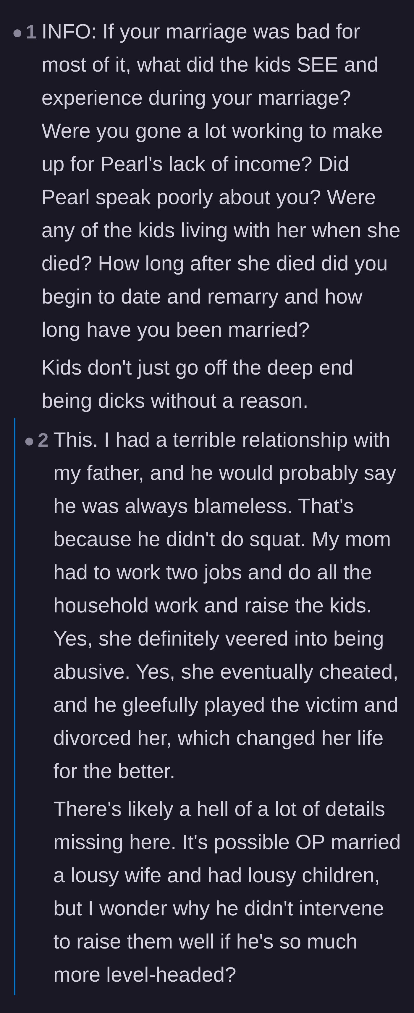 Comment thread 4 - Readers speculate on what trauma the children might have witnessed behind closed doors during the parents' toxic marriage.