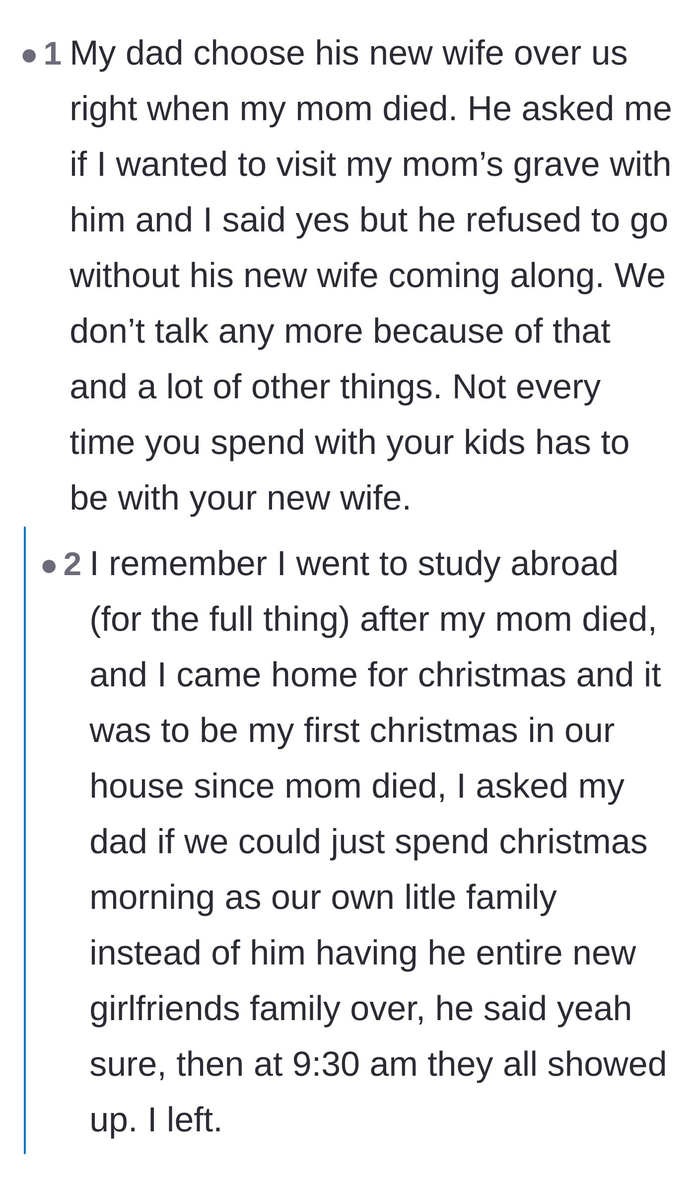 Comment thread 6 - Debate over when it is appropriate for a father to prioritize a new wife versus when he needs to show up alone for his grieving kids.