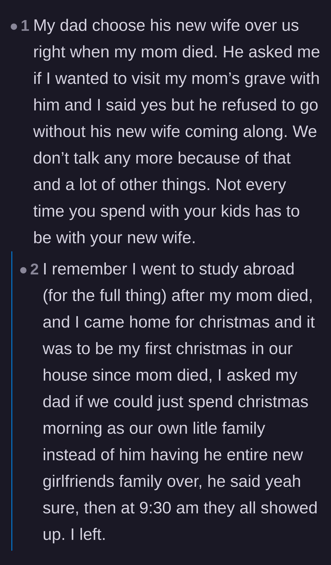 Comment thread 6 - Debate over when it is appropriate for a father to prioritize a new wife versus when he needs to show up alone for his grieving kids.