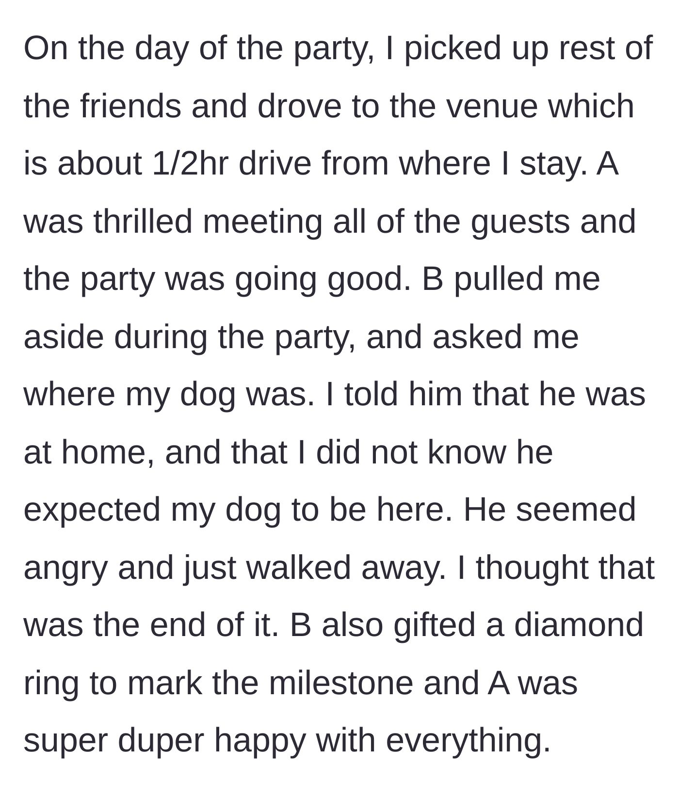 Story part 2 - The husband aggressively confronts her about the missing dog before giving his wife a diamond ring.