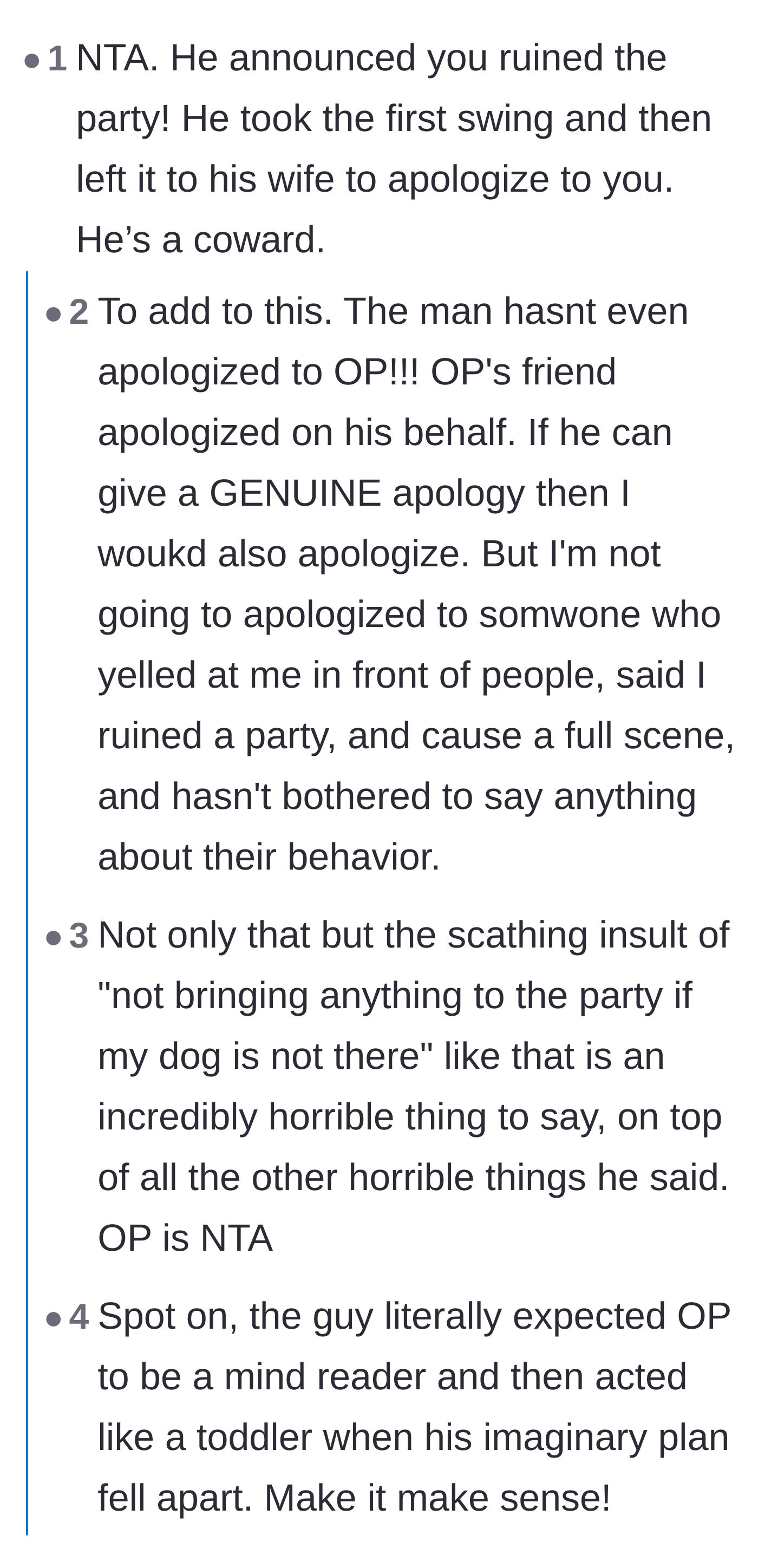 Comment thread 1 - Readers call out the husband's cowardice and his horrible insult about her only bringing value through her dog.