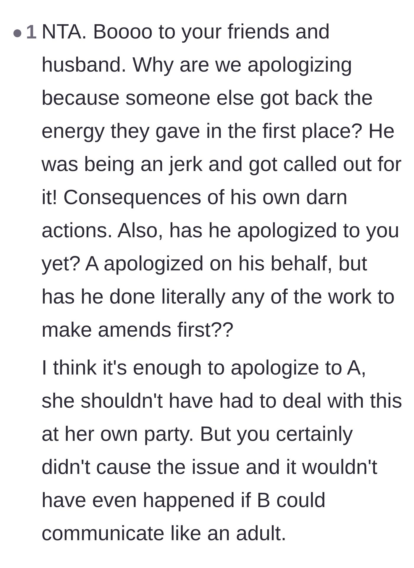 Comment thread 4 - Roasting the main character's husband and friends for demanding she apologize for someone else's actions.