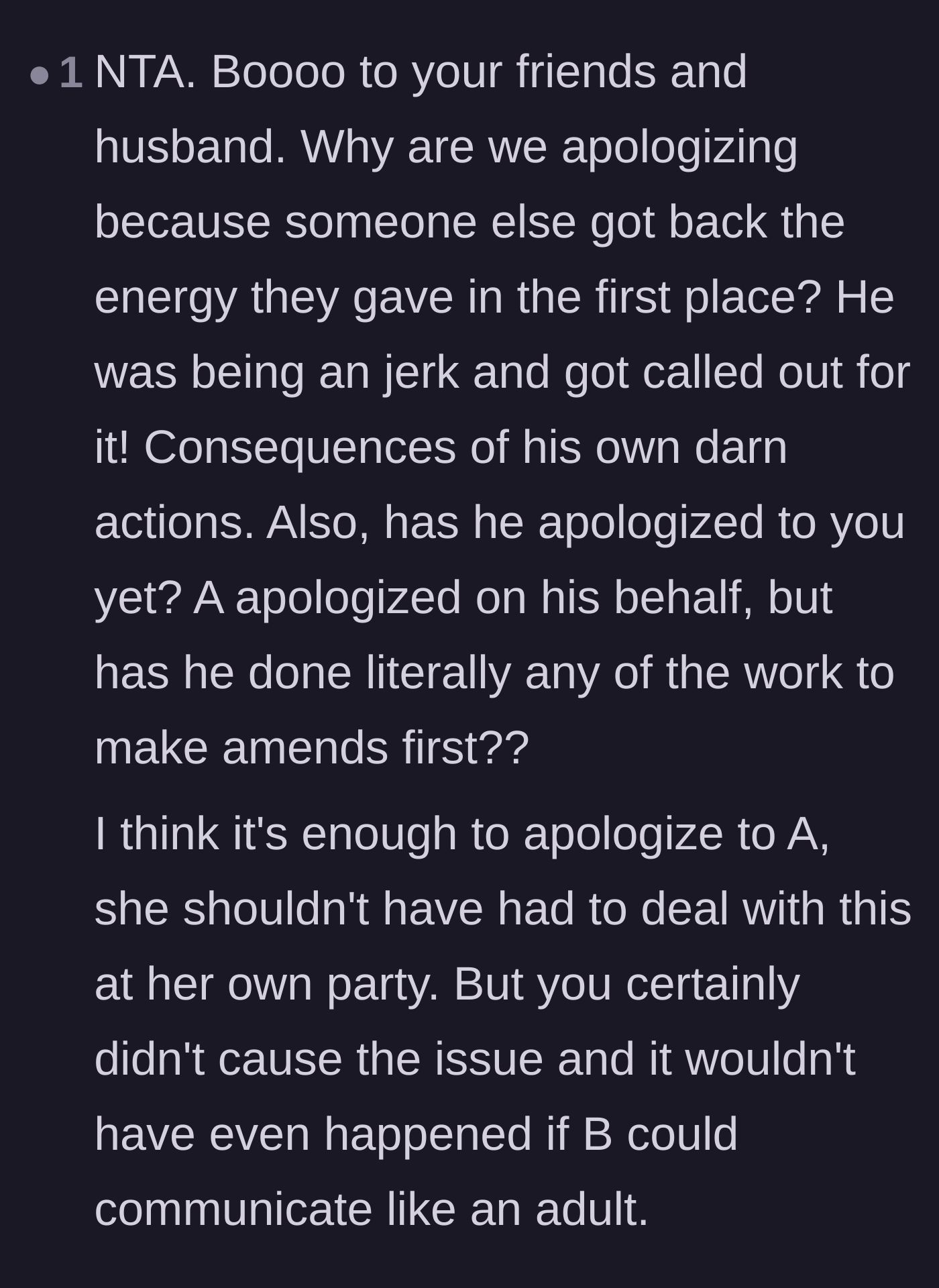 Comment thread 4 - Roasting the main character's husband and friends for demanding she apologize for someone else's actions.