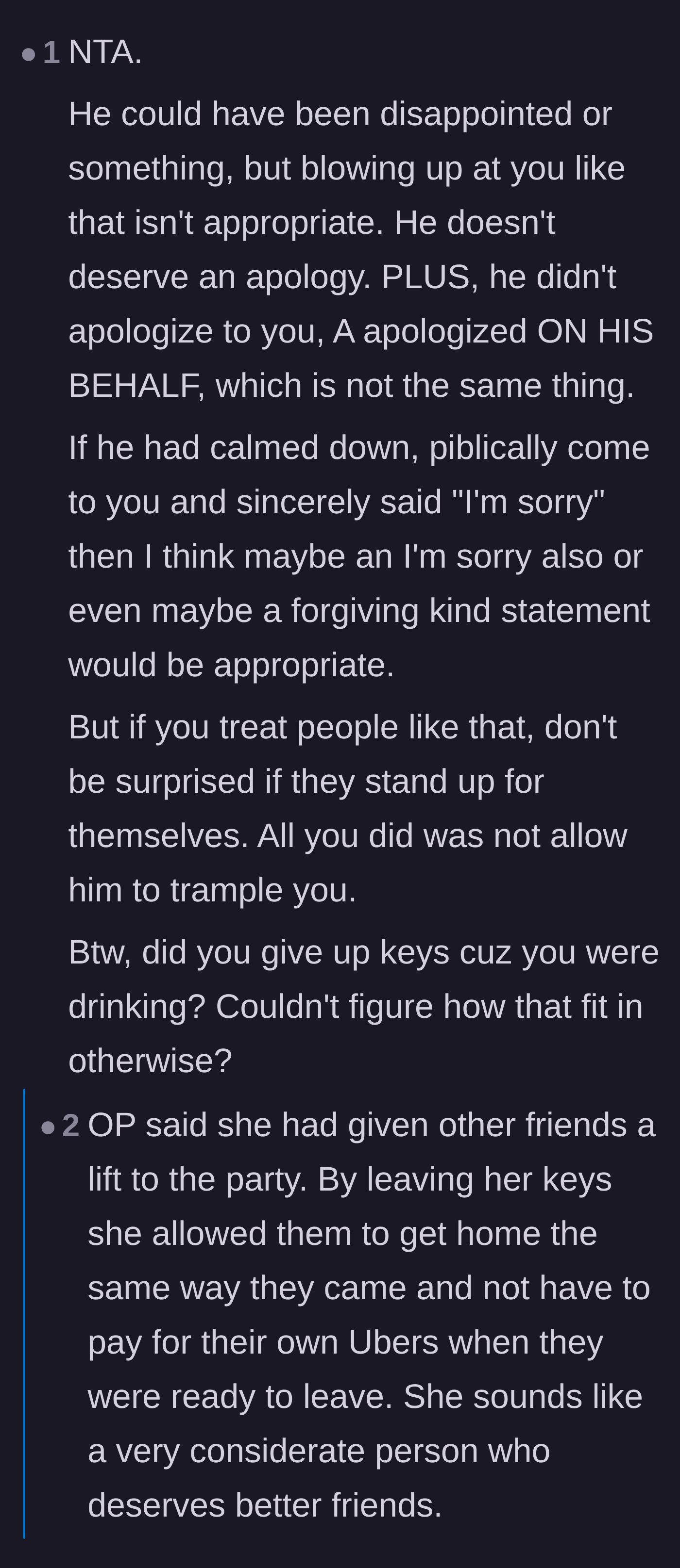 Comment thread 5 - A deep dive into the main character leaving her car keys with friends who didn't even defend her.