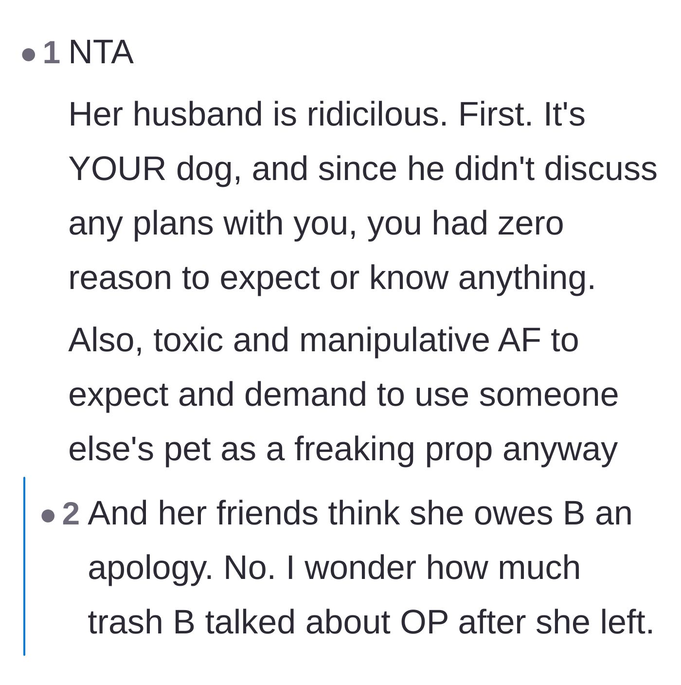 Comment thread 6 - Calling out the toxic manipulation of expecting to use someone else's pet as a party prop.