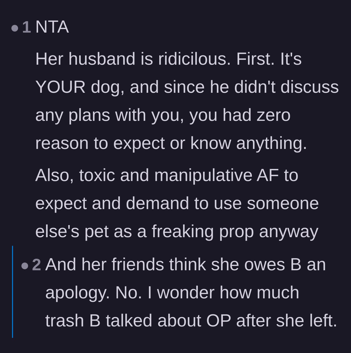 Comment thread 6 - Calling out the toxic manipulation of expecting to use someone else's pet as a party prop.