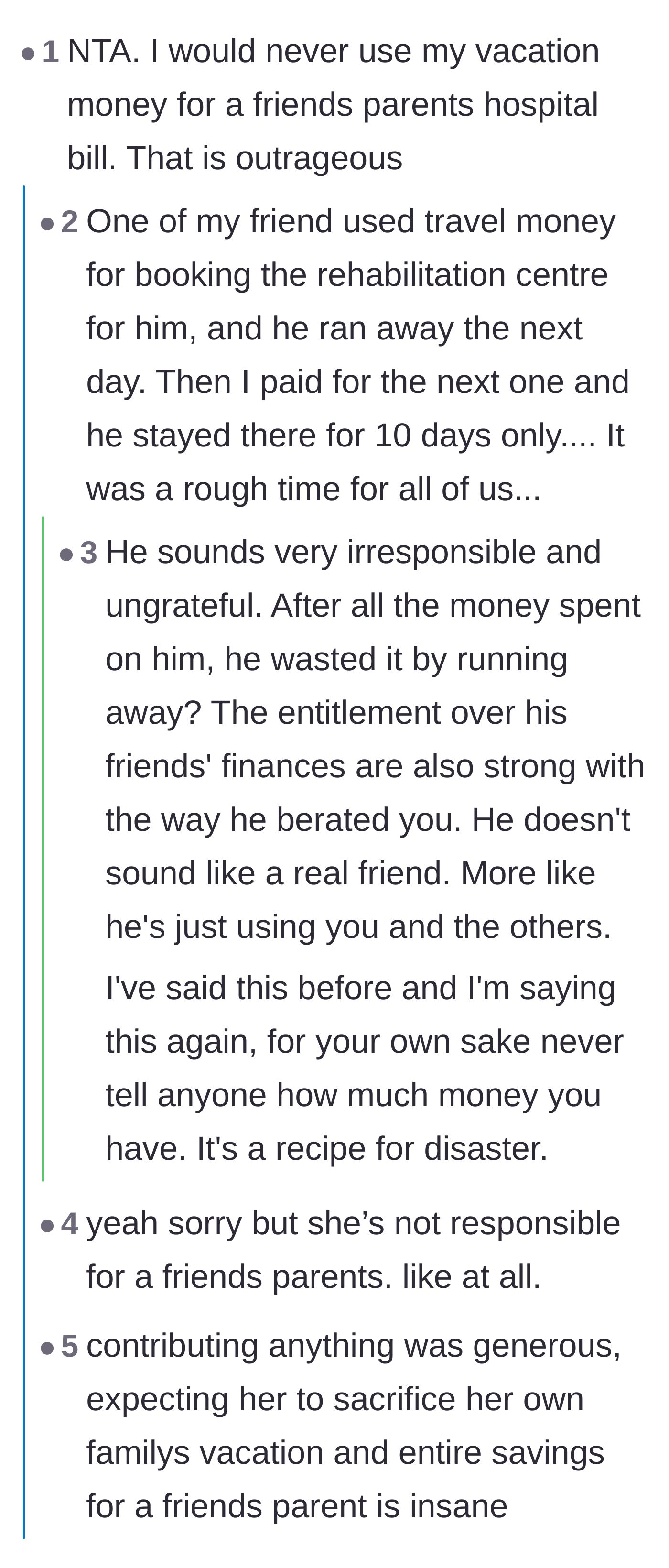 Comment thread 1 - Advice on keeping finances private after OP reveals Jamal previously ran away from a rehab a friend paid for.