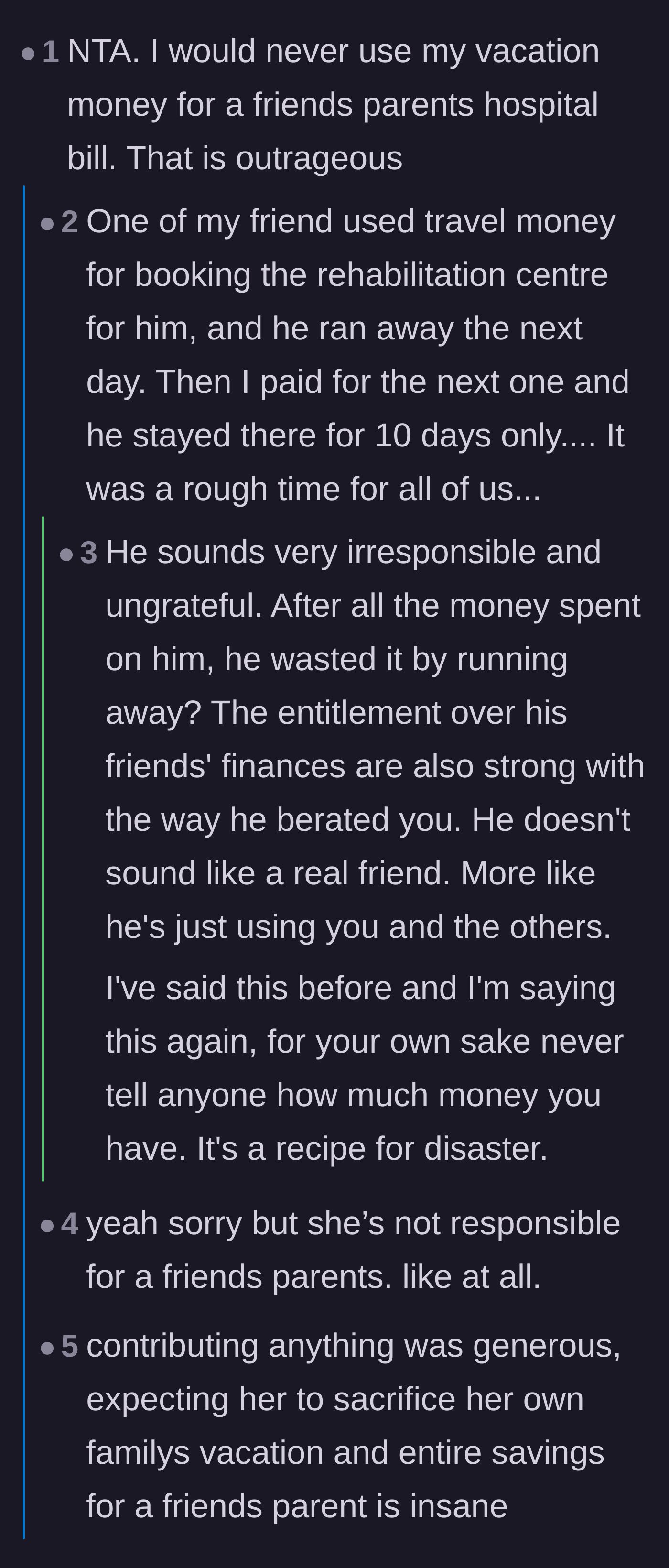 Comment thread 1 - Advice on keeping finances private after OP reveals Jamal previously ran away from a rehab a friend paid for.