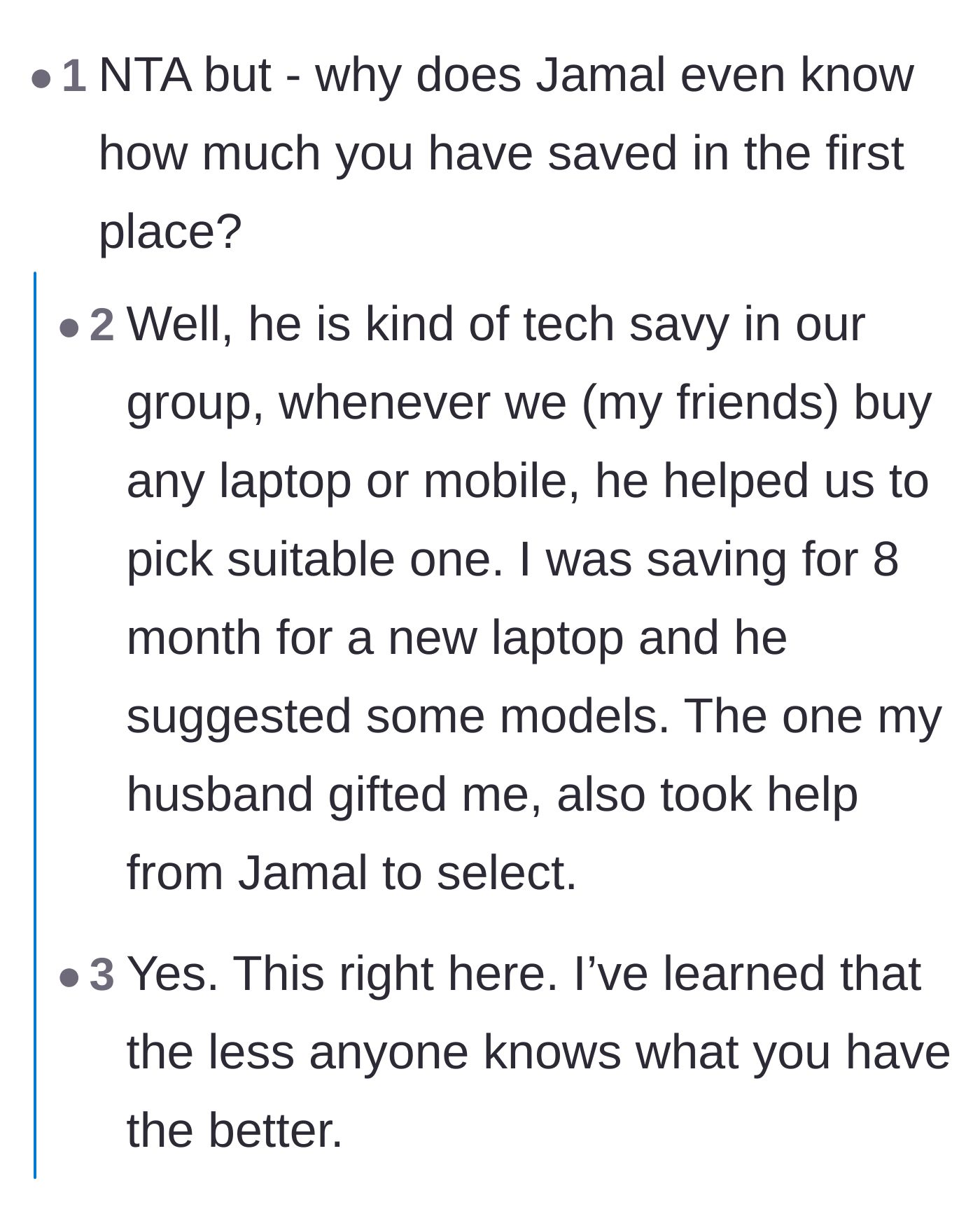 Comment thread 2 - Debate over how Jamal weaponized his knowledge of her laptop budget to calculate her savings.