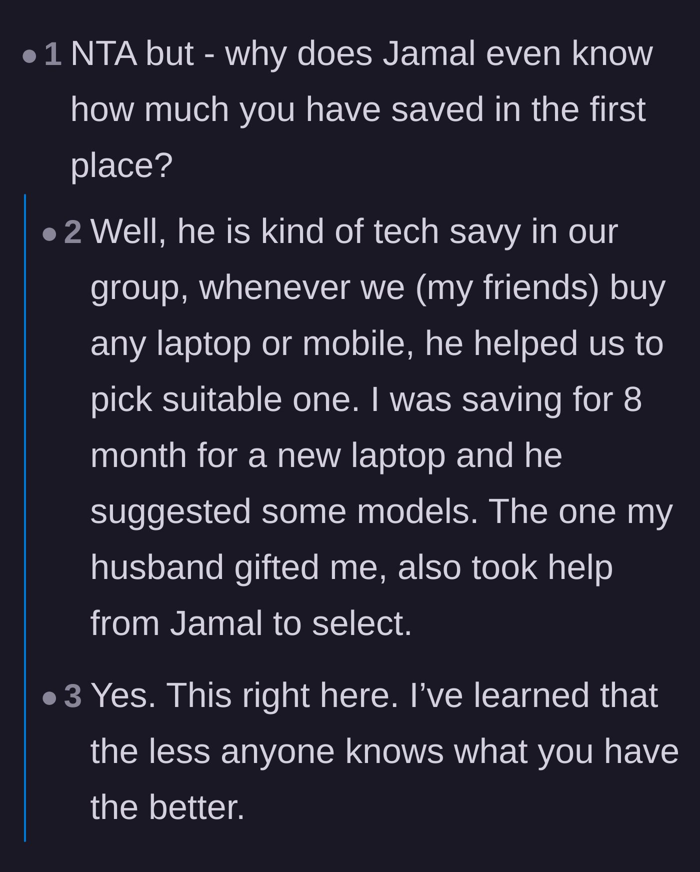 Comment thread 2 - Debate over how Jamal weaponized his knowledge of her laptop budget to calculate her savings.