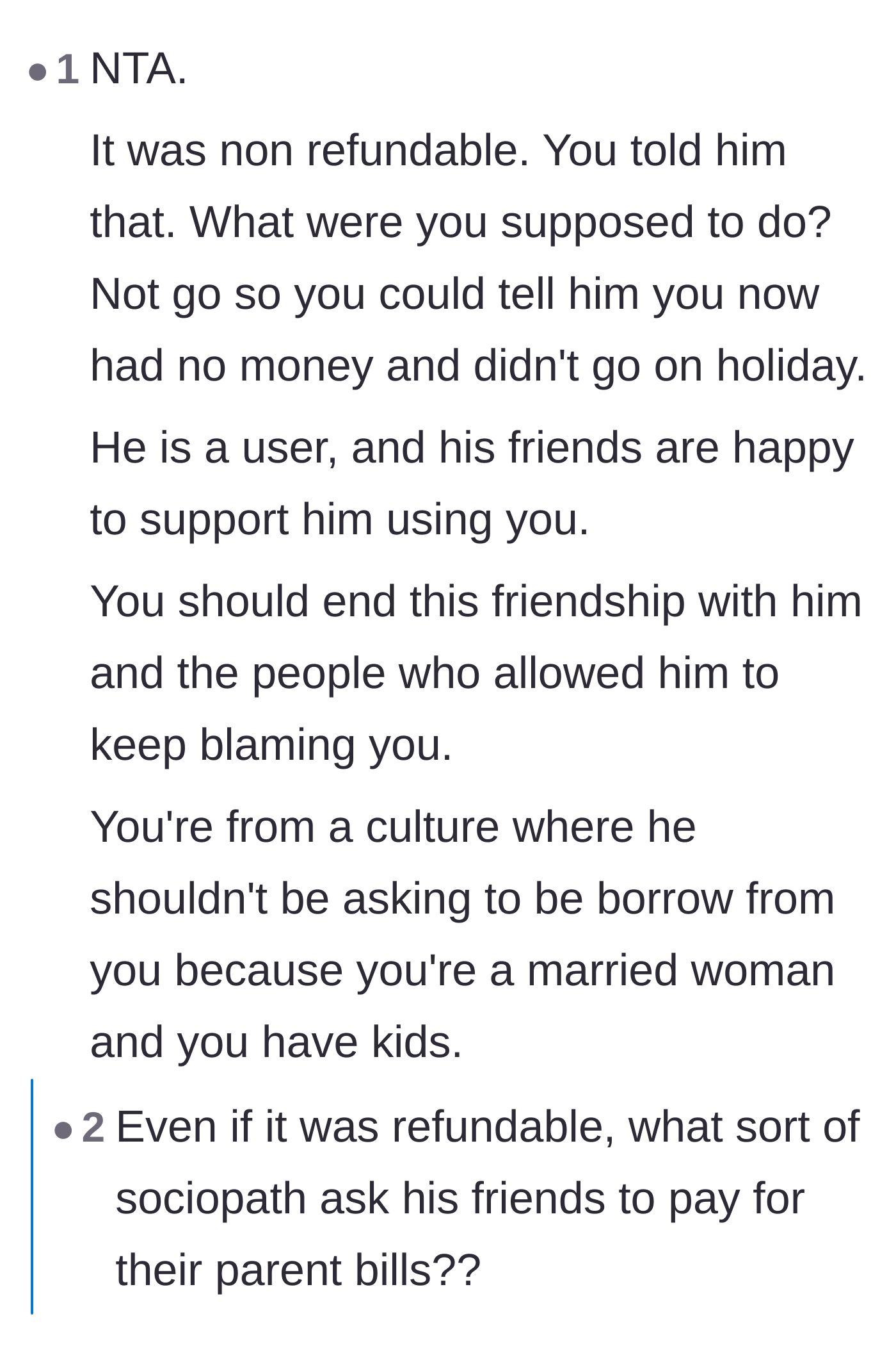 Comment thread 3 - Calling out the sheer absurdity of expecting a friend to sacrifice a family vacation for someone else's parent.