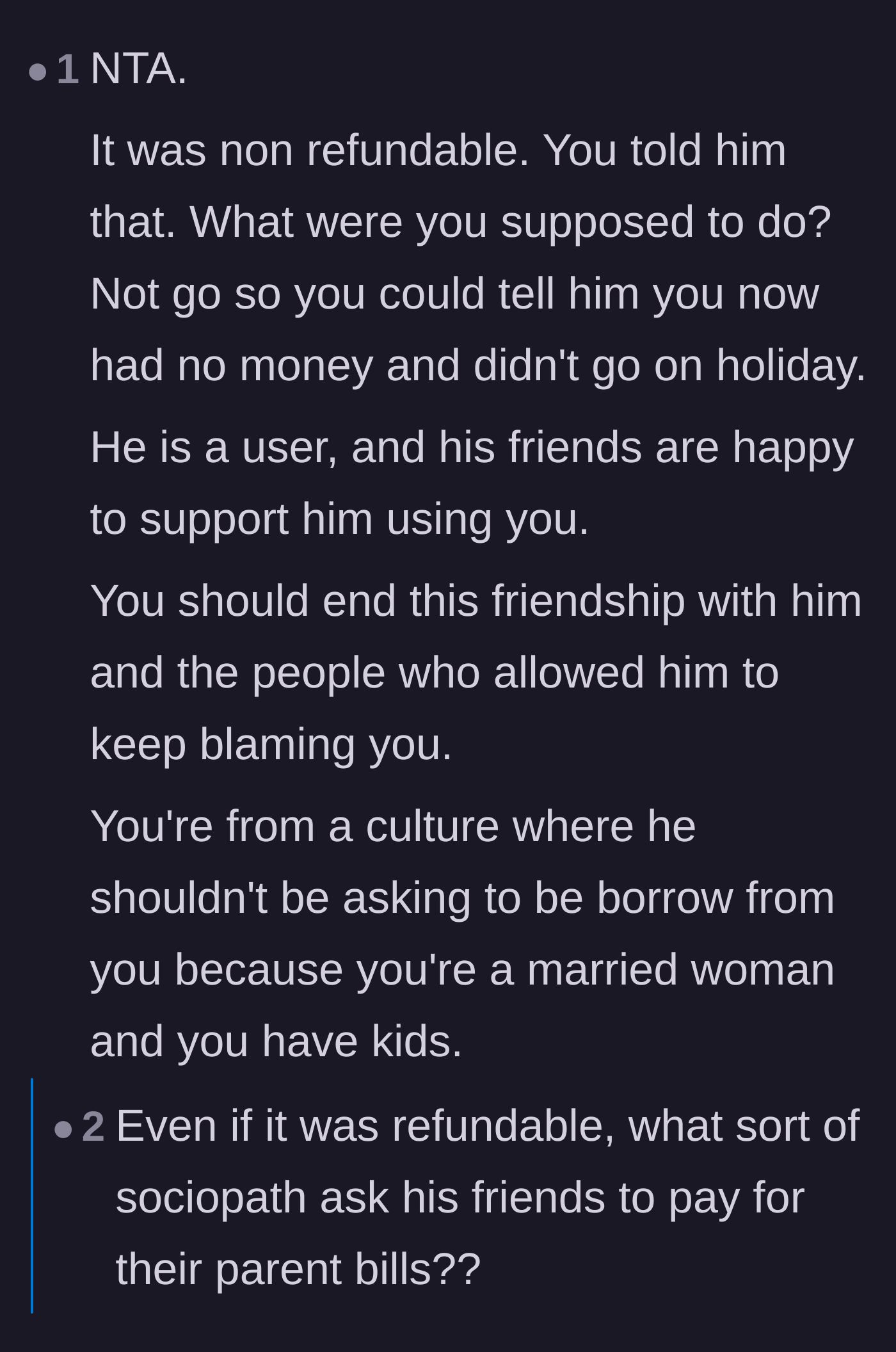 Comment thread 3 - Calling out the sheer absurdity of expecting a friend to sacrifice a family vacation for someone else's parent.