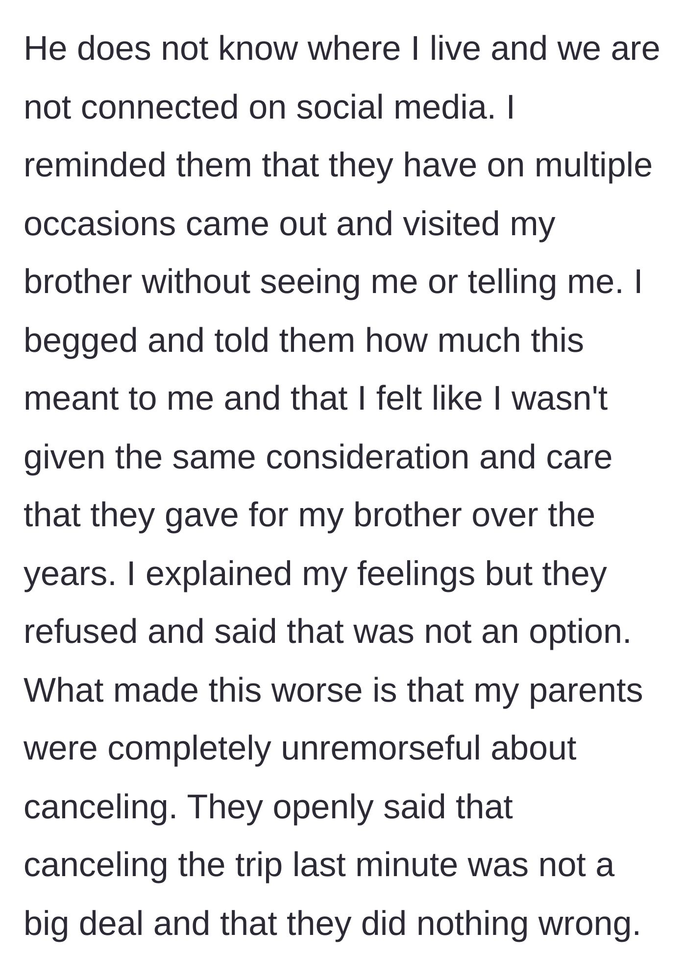 Story part 8 - Main character begs the parents to still come, pointing out their hypocrisy, but the parents coldly refuse and show zero remorse.