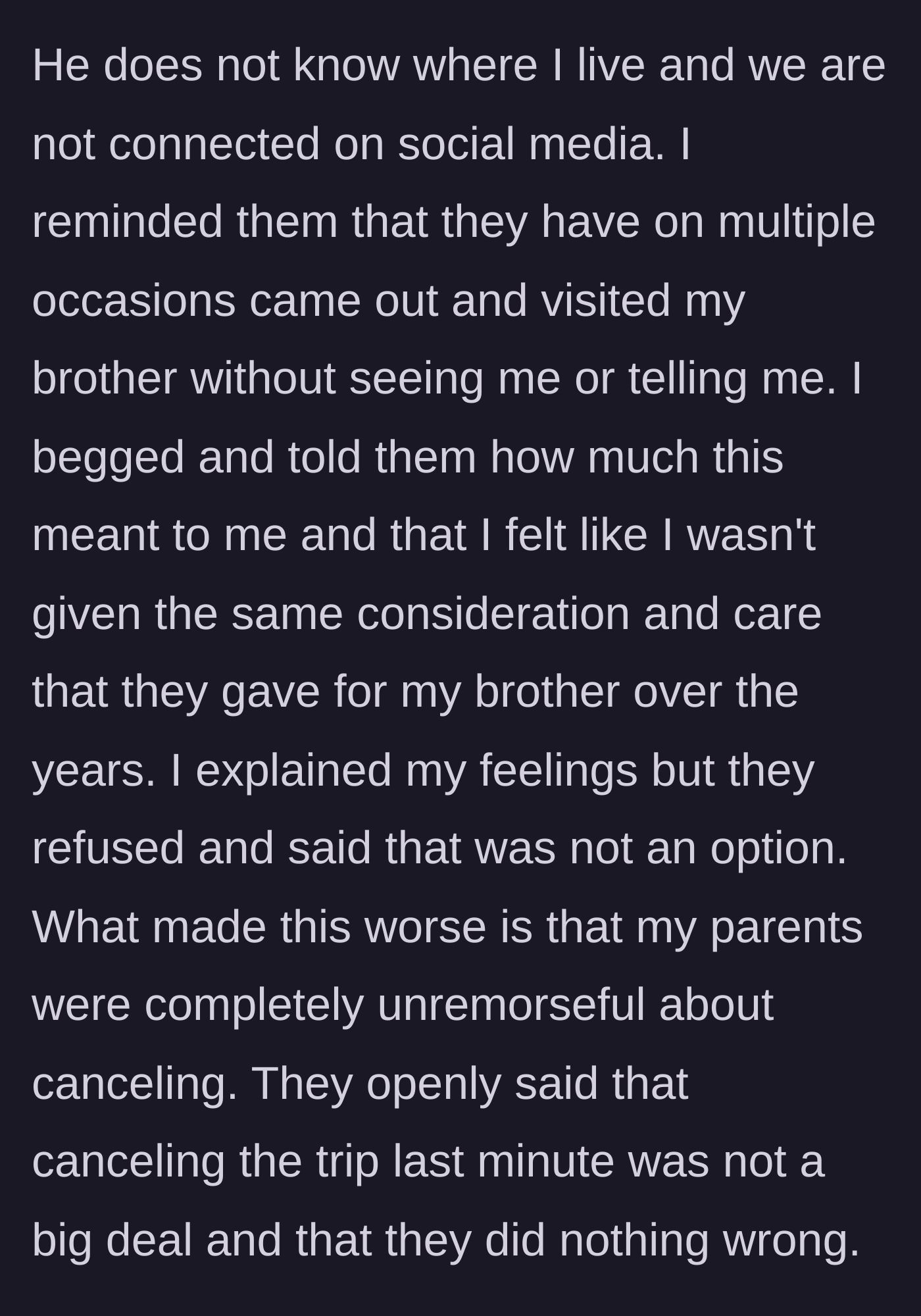 Story part 8 - Main character begs the parents to still come, pointing out their hypocrisy, but the parents coldly refuse and show zero remorse.