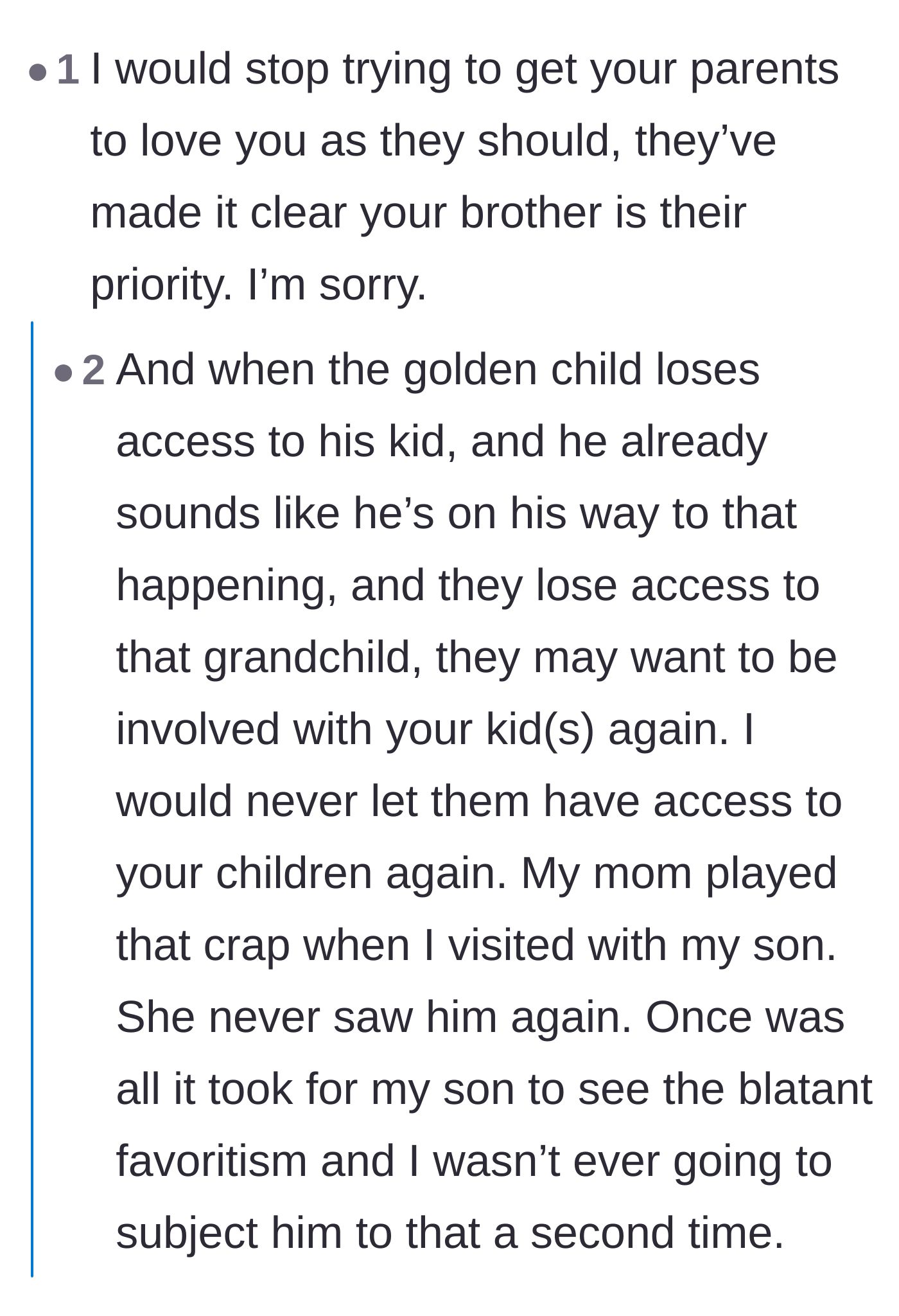 Comment thread 1 - Readers warn the new parent that the grandparents will eventually come crawling back when the brother loses custody, and urge them to protect their own child.