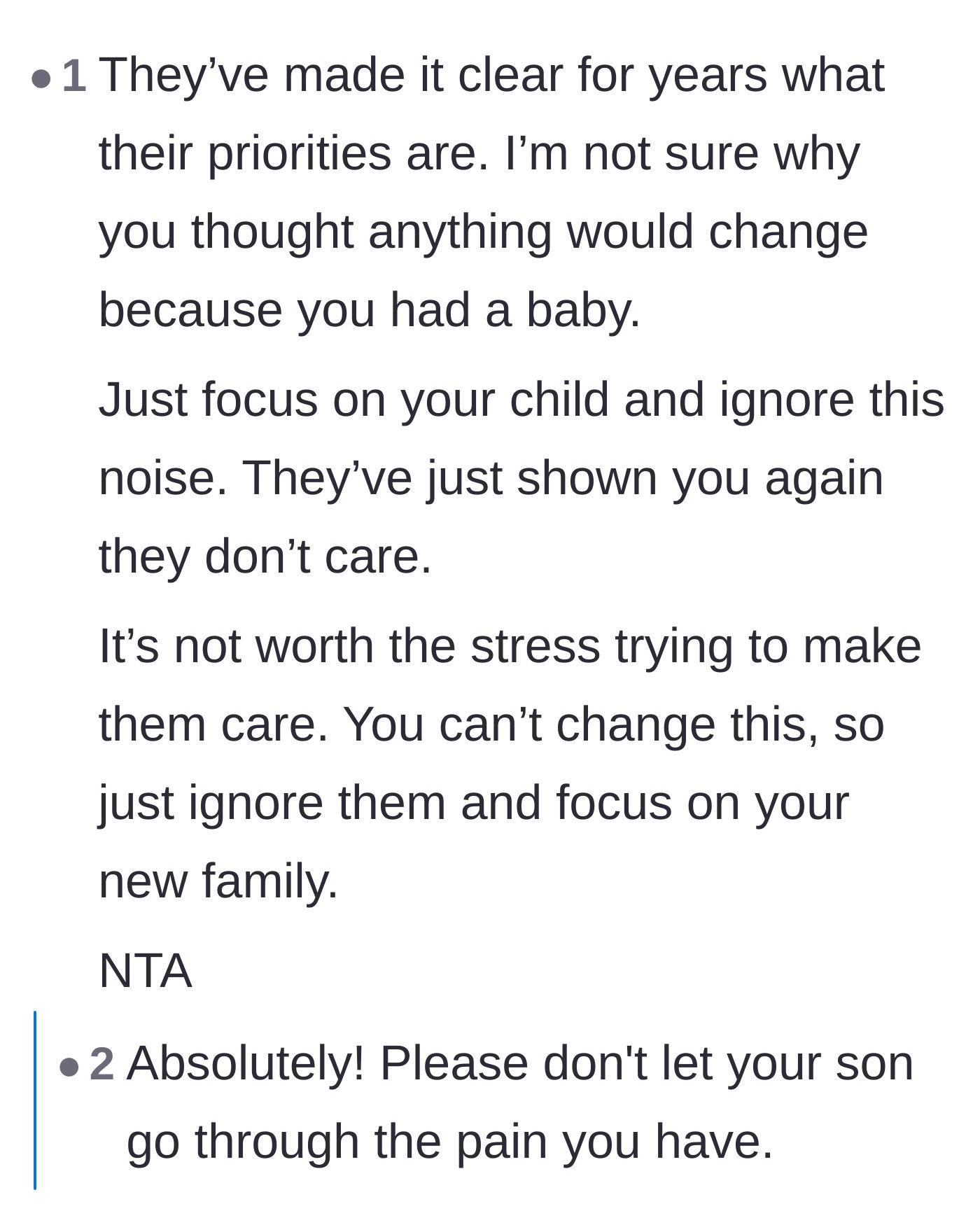 Comment thread 2 - Commenters point out that the parents have shown their true colors for years and advise the main character to block them immediately.